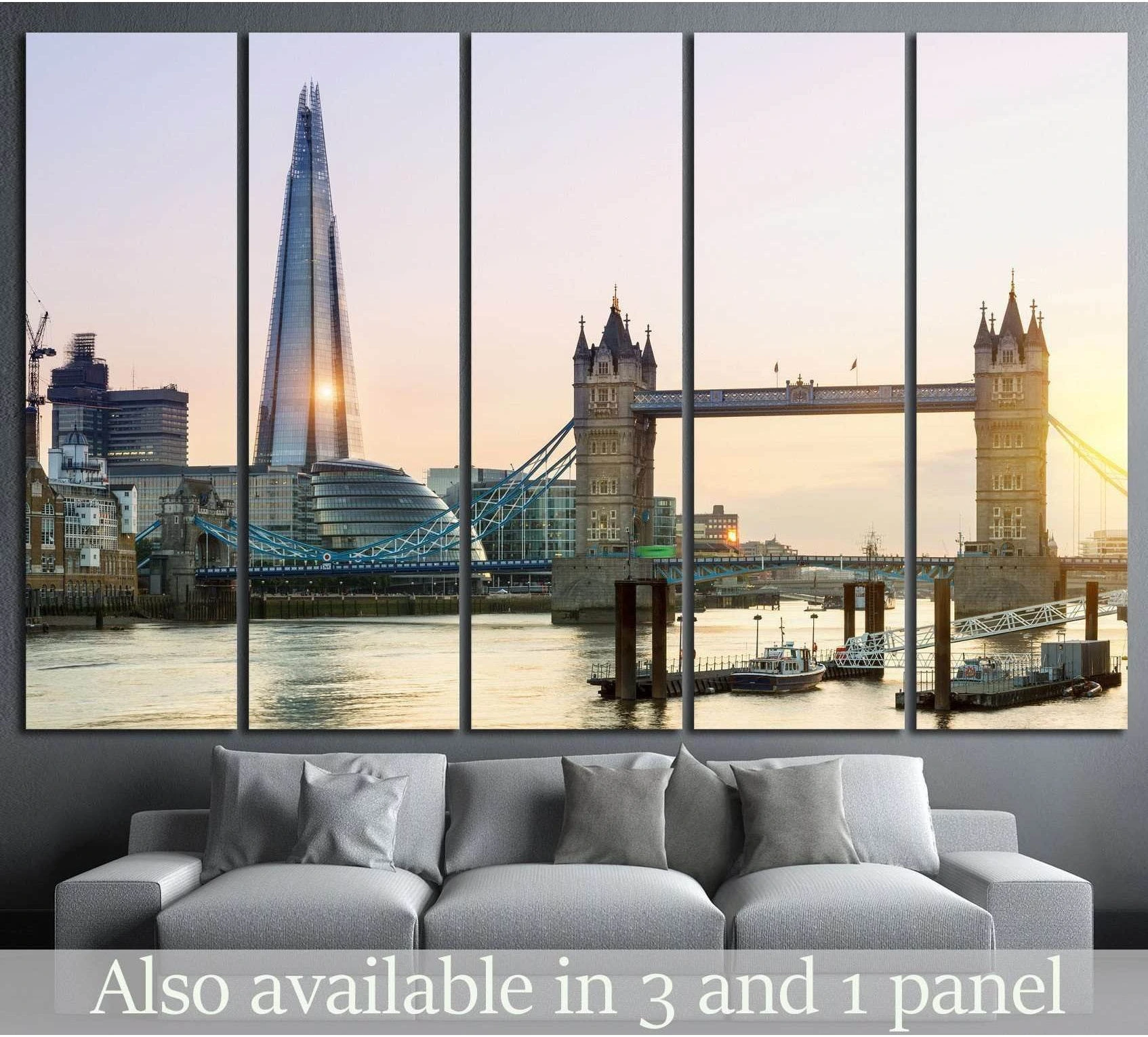 London Tower Bridge and The Shard sunrise canvas print hung above a sofa in a modern living room