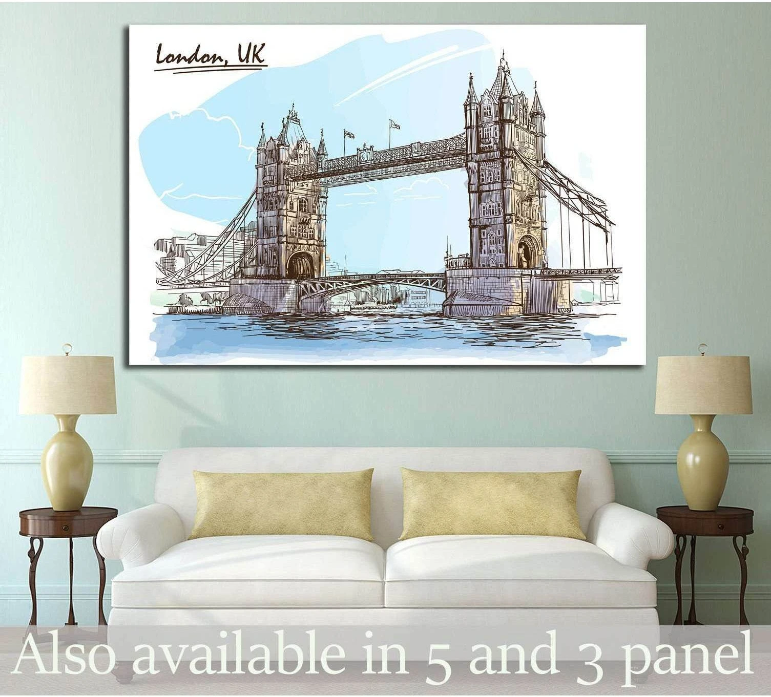 London Tower Bridge canvas print in soft blue sketch style above sofa in a modern living room