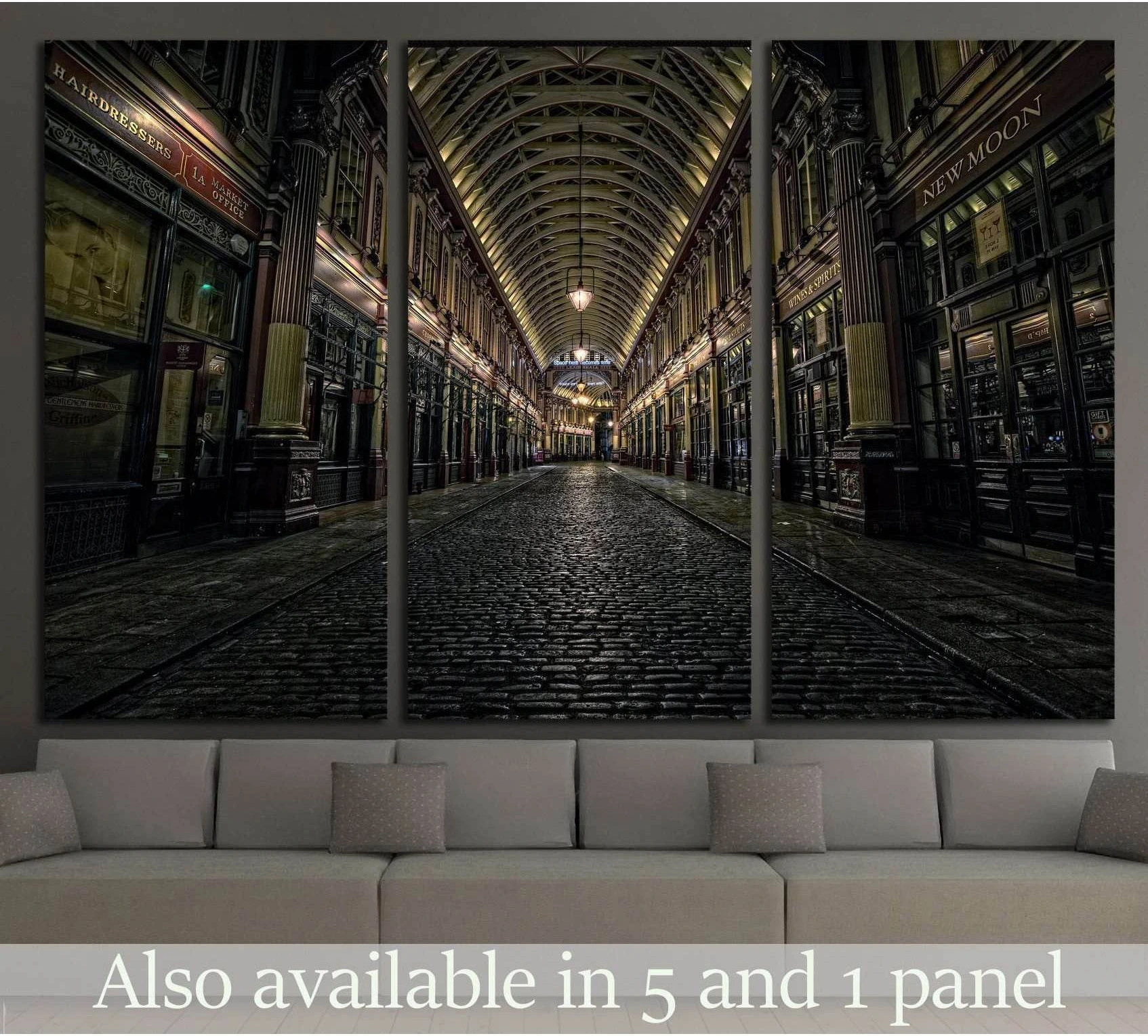 Leadenhall Market London canvas print with a lit Victorian arcade at night above a sofa