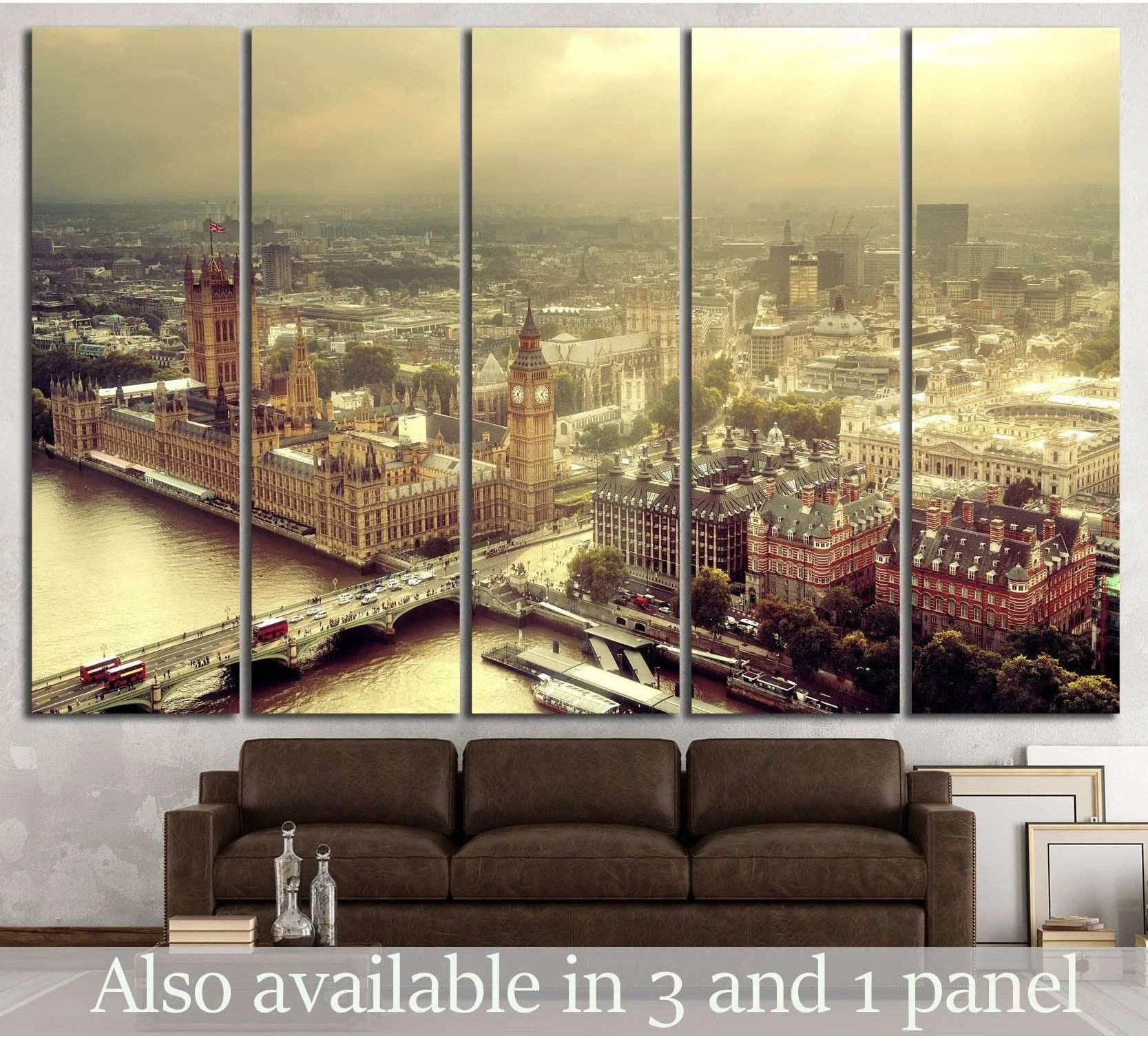 London panoramic canvas print with Big Ben, Westminster Bridge, and Thames in warm sepia tones