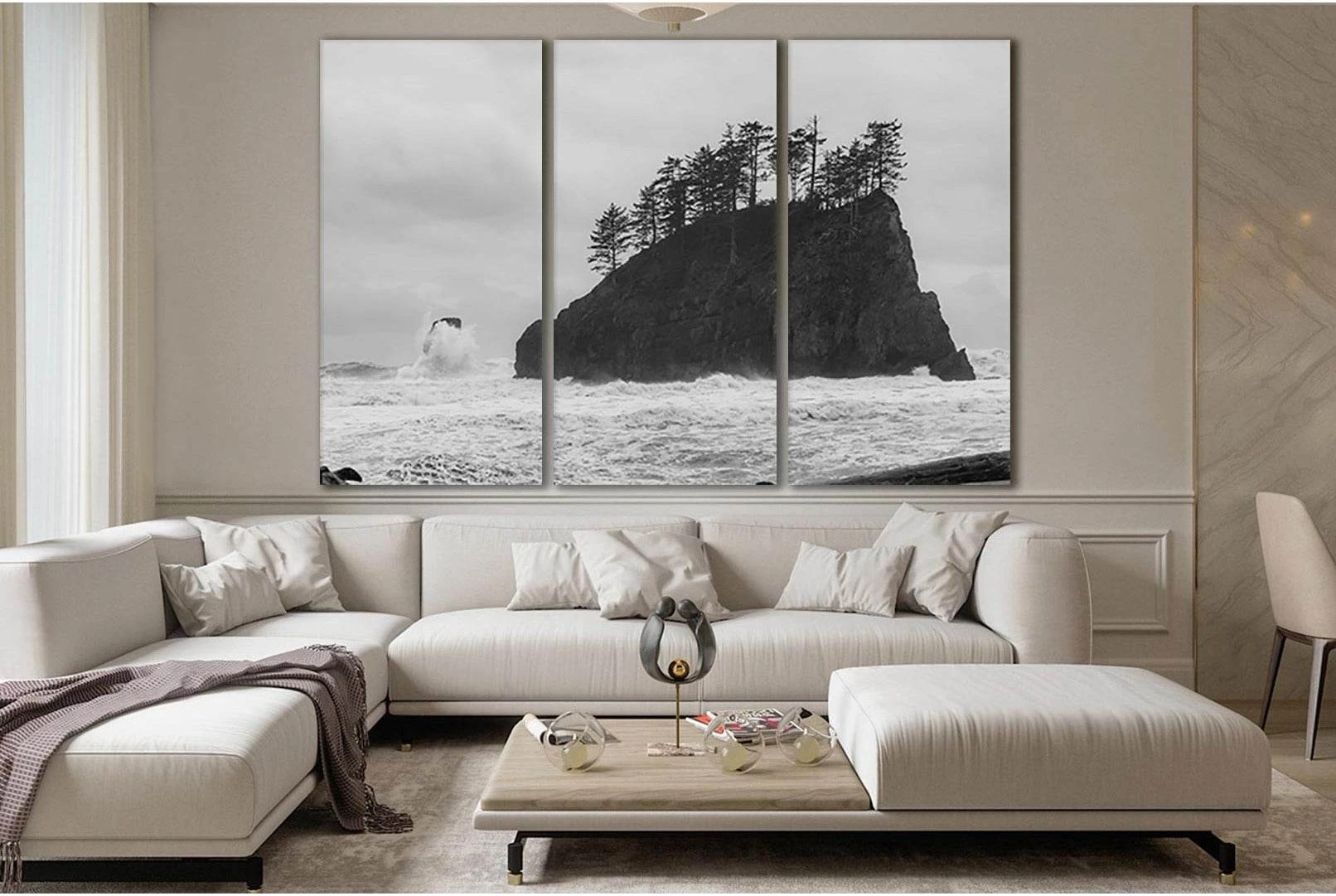 Monochrome Rocky Island Seascape Canvas Print Wall Art showing sea water, shoreline and horizon depth.