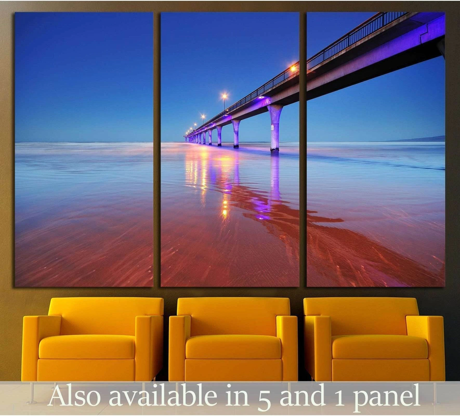 Long exposure of an ocean and New Brighton Pier Christchurch showing blue ocean wall art with water and coastal depth.