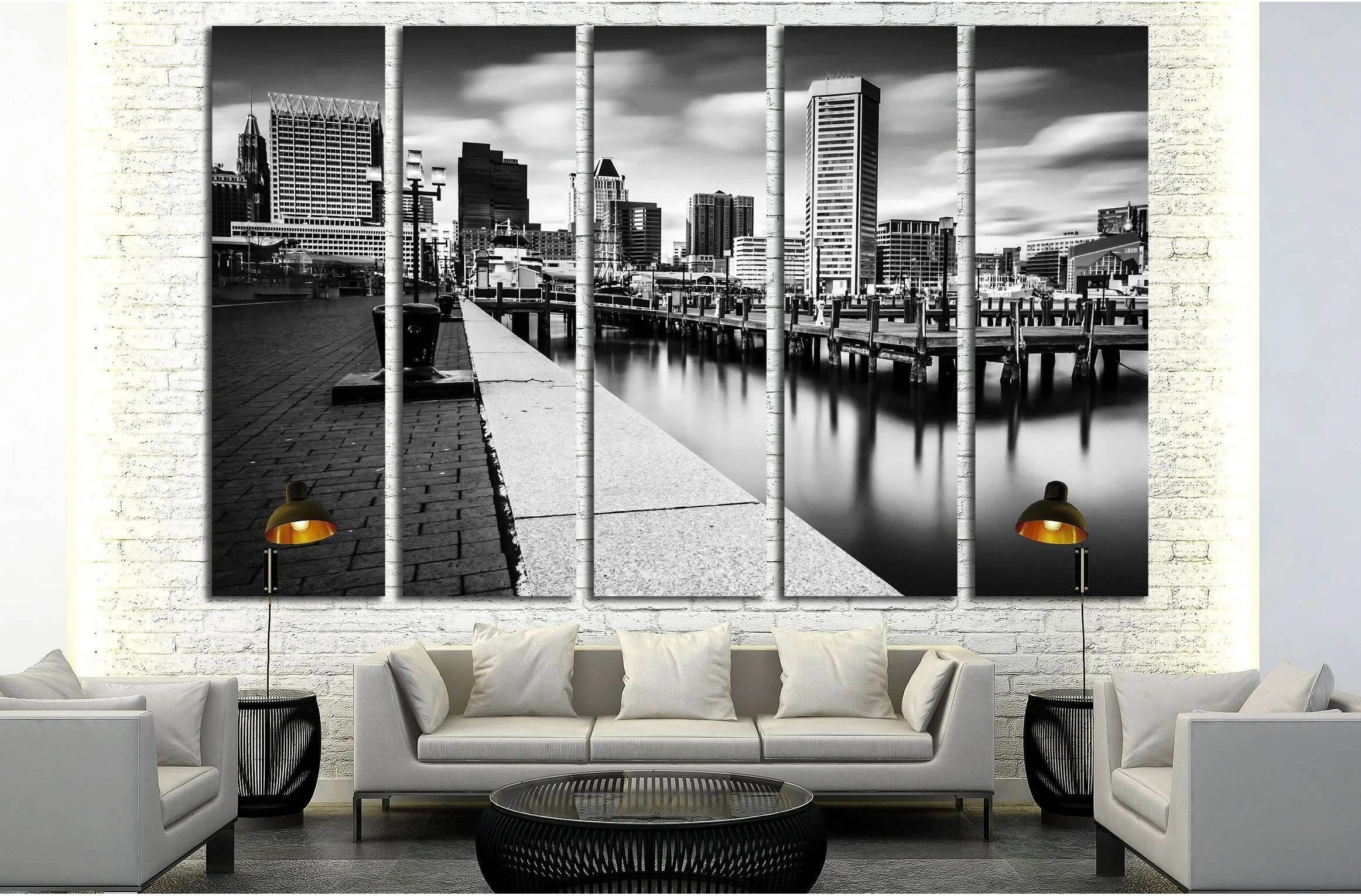 Long exposure of the Baltimore Skyline and Inner Harbor Promenade, Baltimore, Maryland №2177 Ready to Hang Canvas Print - Zellart Canvas Prints ALL_Products, s-2177
