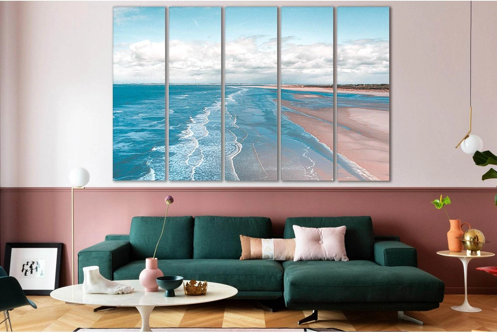 Long Sandy Beach Ocean Waves Canvas Print | 5-Panel Wall Art showing ocean water, wave movement and surf.