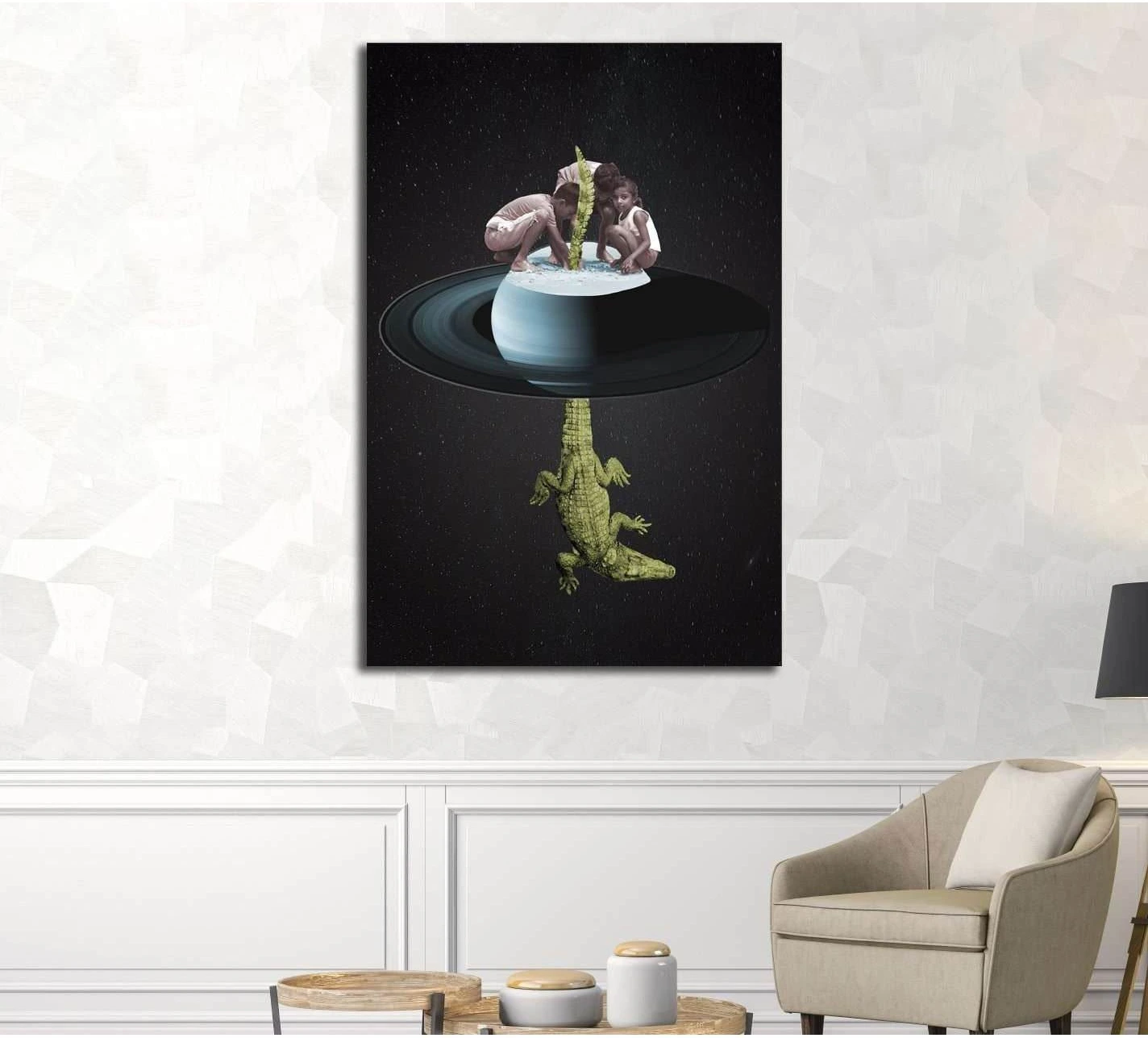 Surreal crocodile canvas print with ringed planet and vintage figures above an armchair