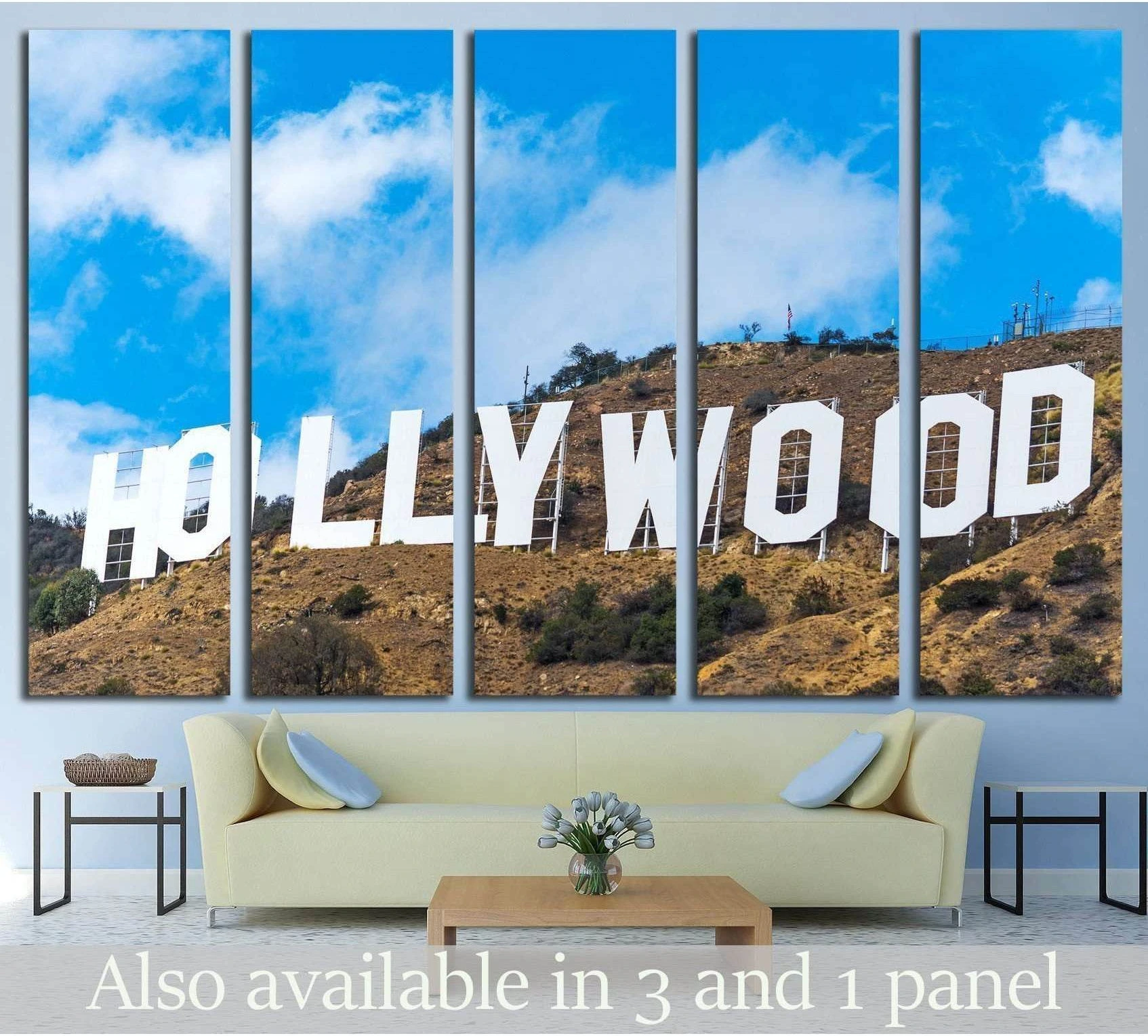 Hollywood Sign canvas print split across five panels above a sofa in a modern living room