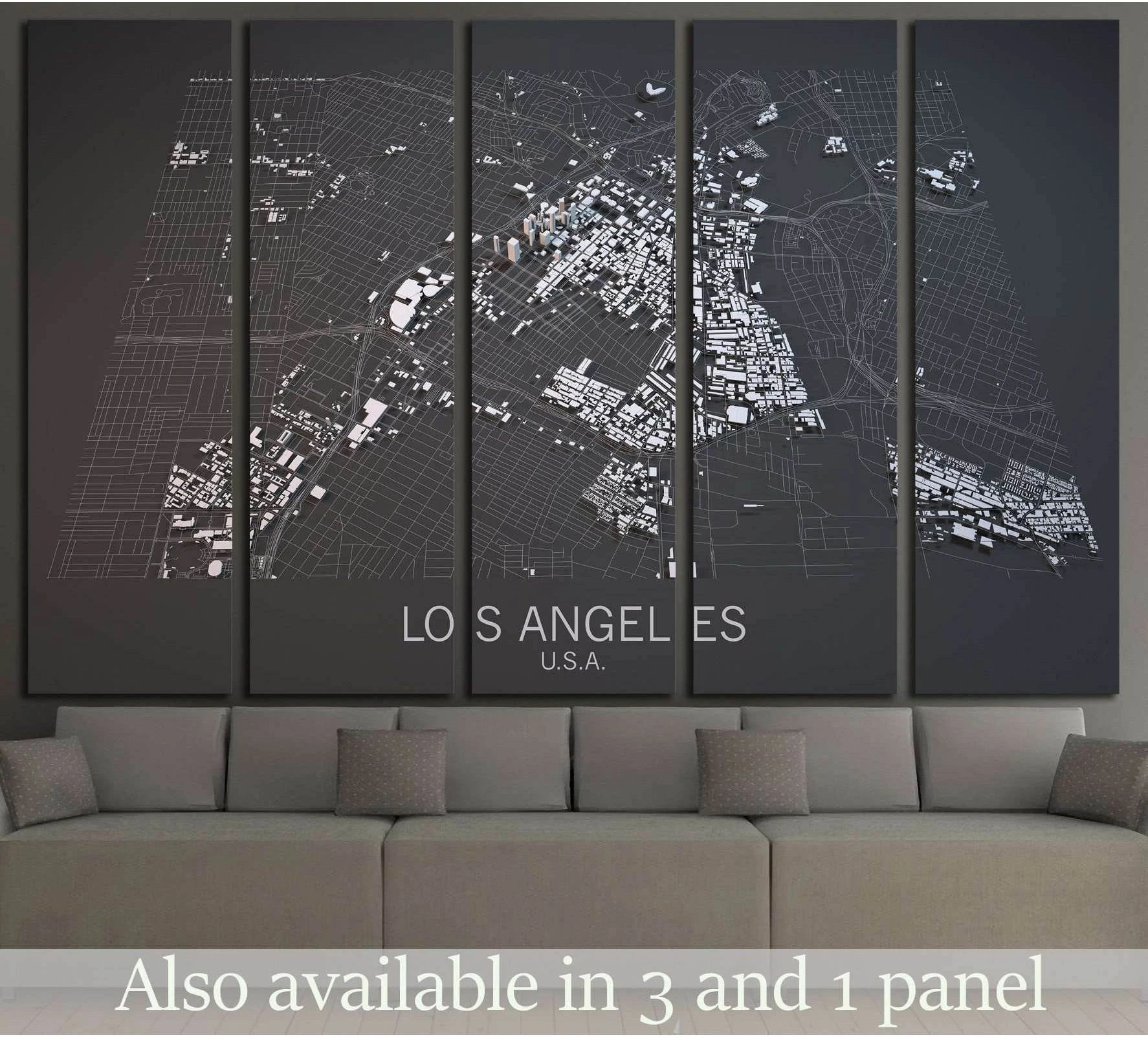 Los Angeles satellite map canvas print in dark monochrome tones above a modern sofa