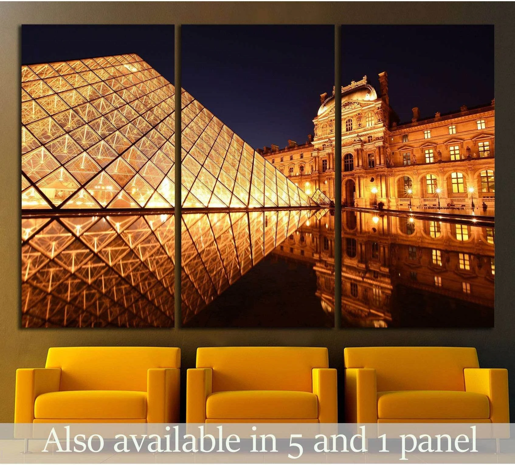 Louvre Pyramid Paris canvas print with golden night reflections, shown as a triptych above yellow chairs