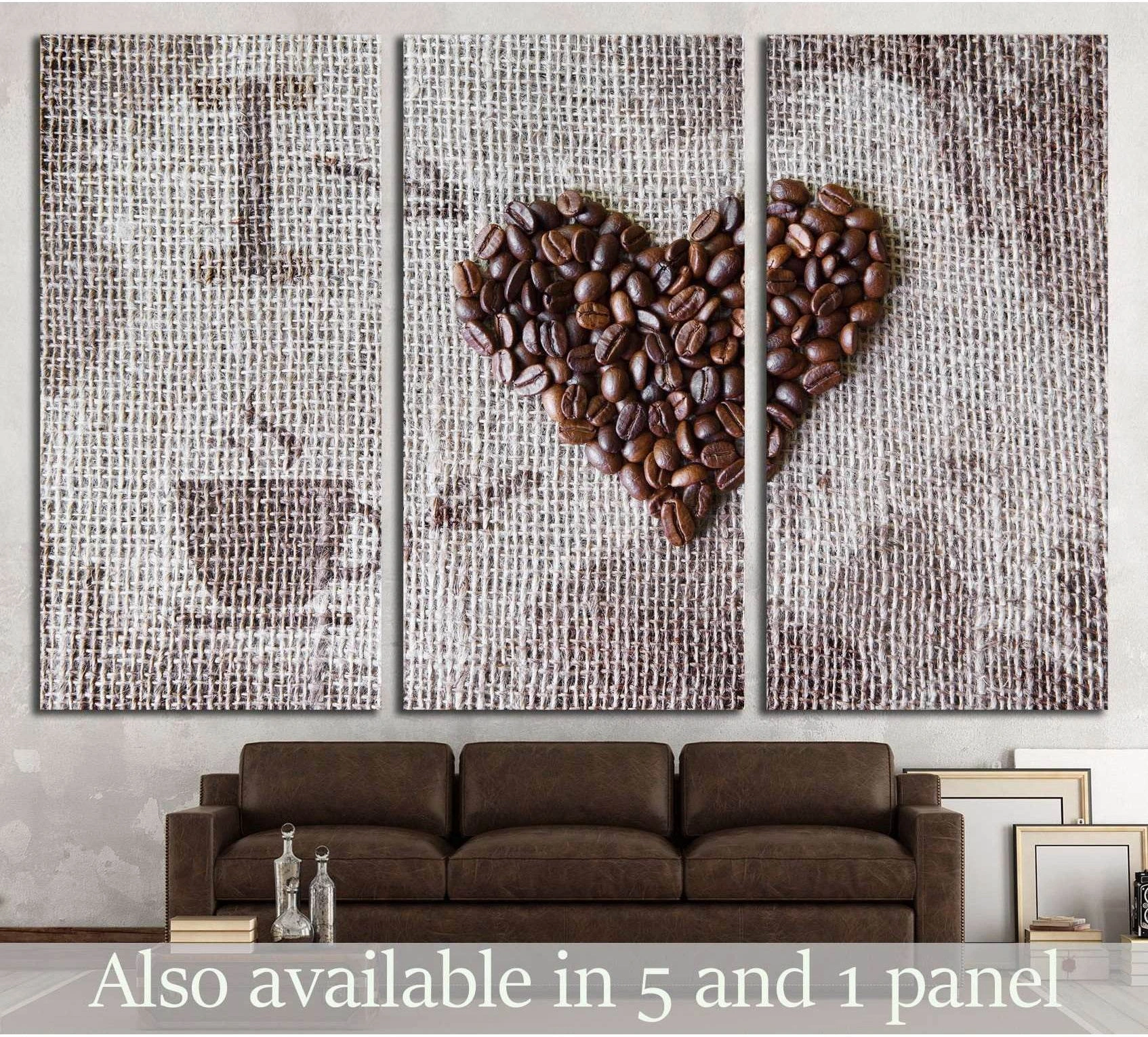 Coffee beans heart triptych canvas print on burlap background above sofa in a rustic living room mockup