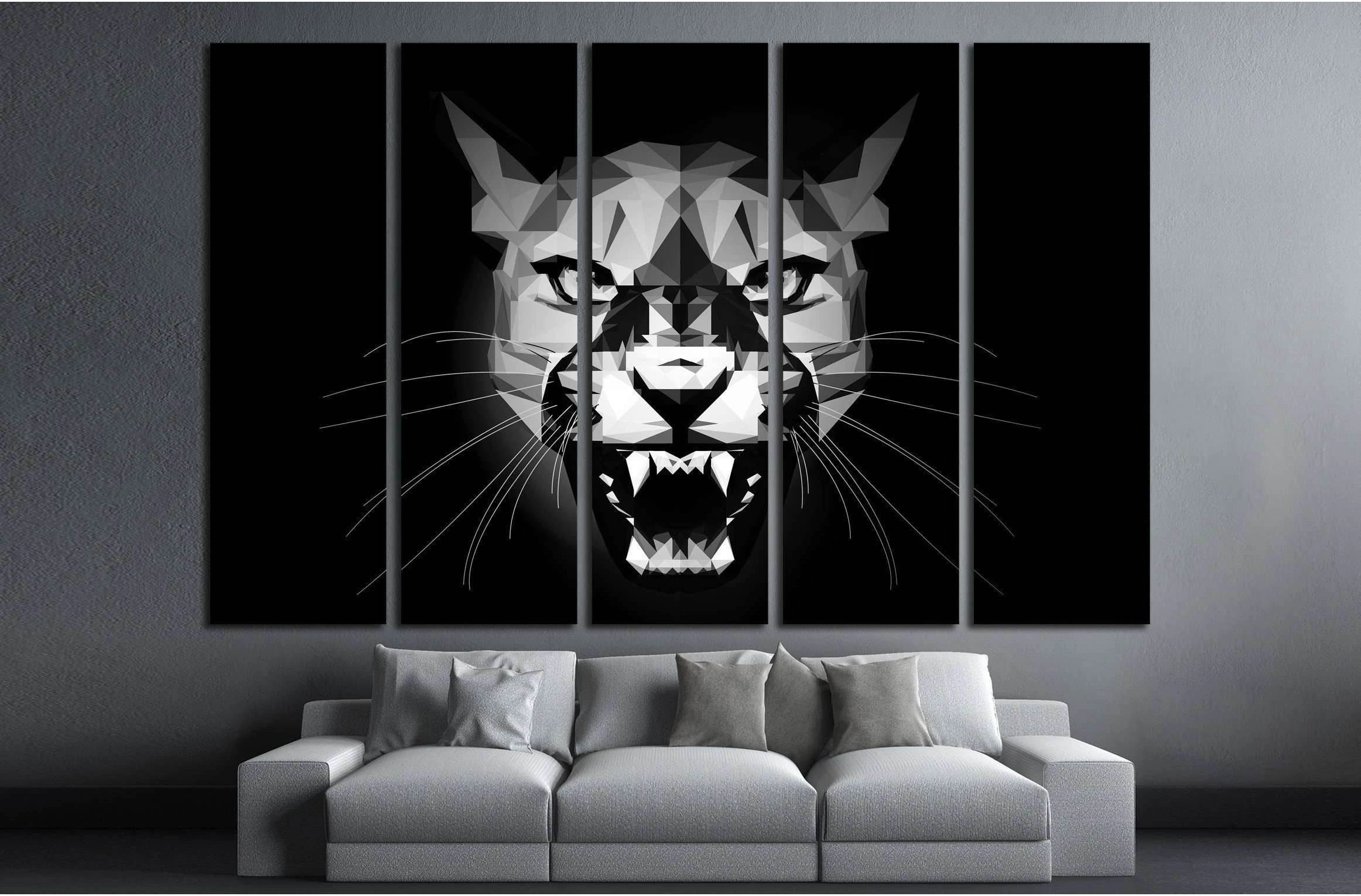 Low Poly aggressive Puma - black and white portrait - design illustration №2354 Ready to Hang Canvas Print - Zellart Canvas Prints ALL_Products, s-2354