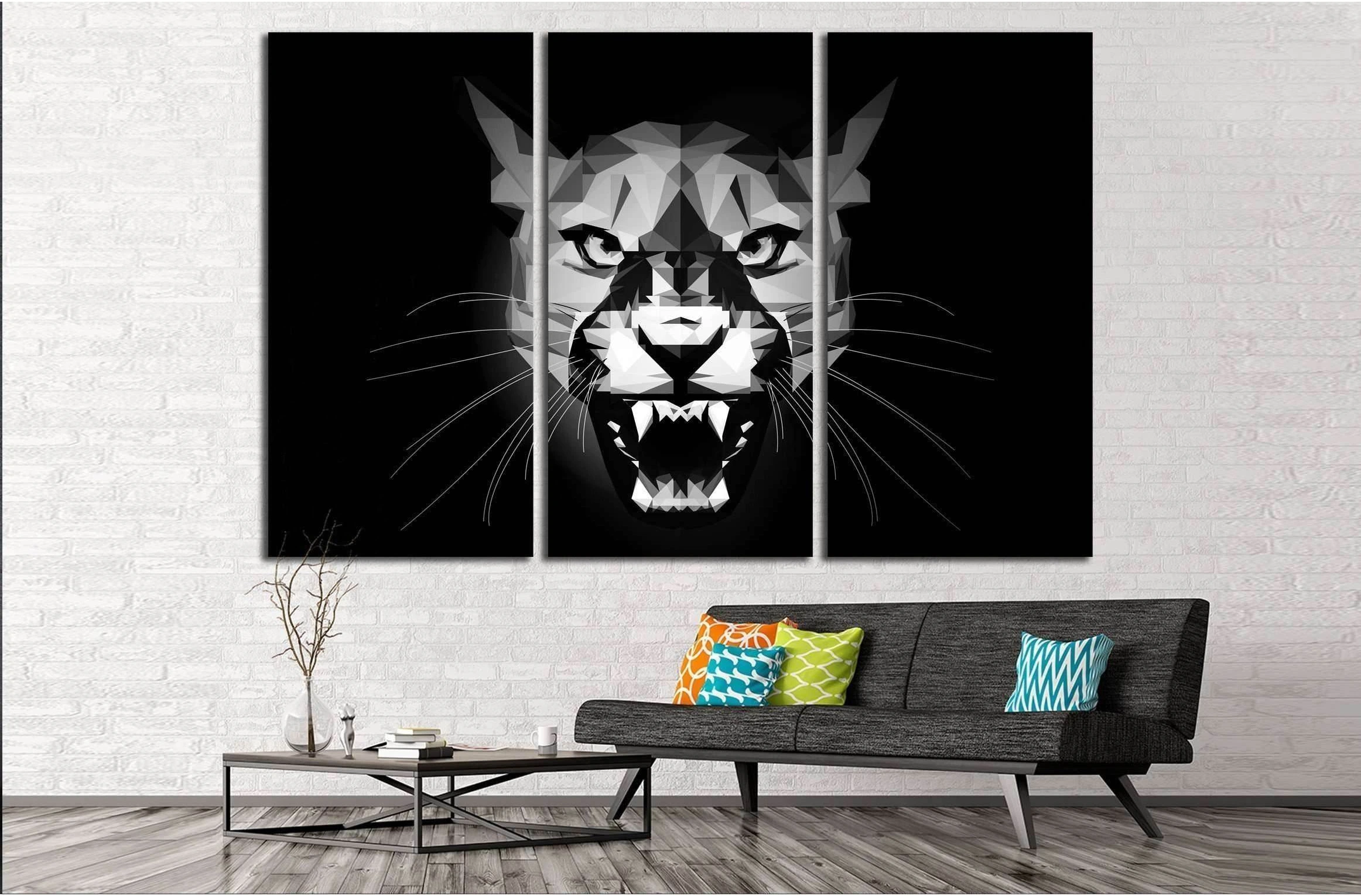 Low Poly aggressive Puma - black and white portrait - design illustration №2354 Ready to Hang Canvas Print - Zellart Canvas Prints ALL_Products, s-2354