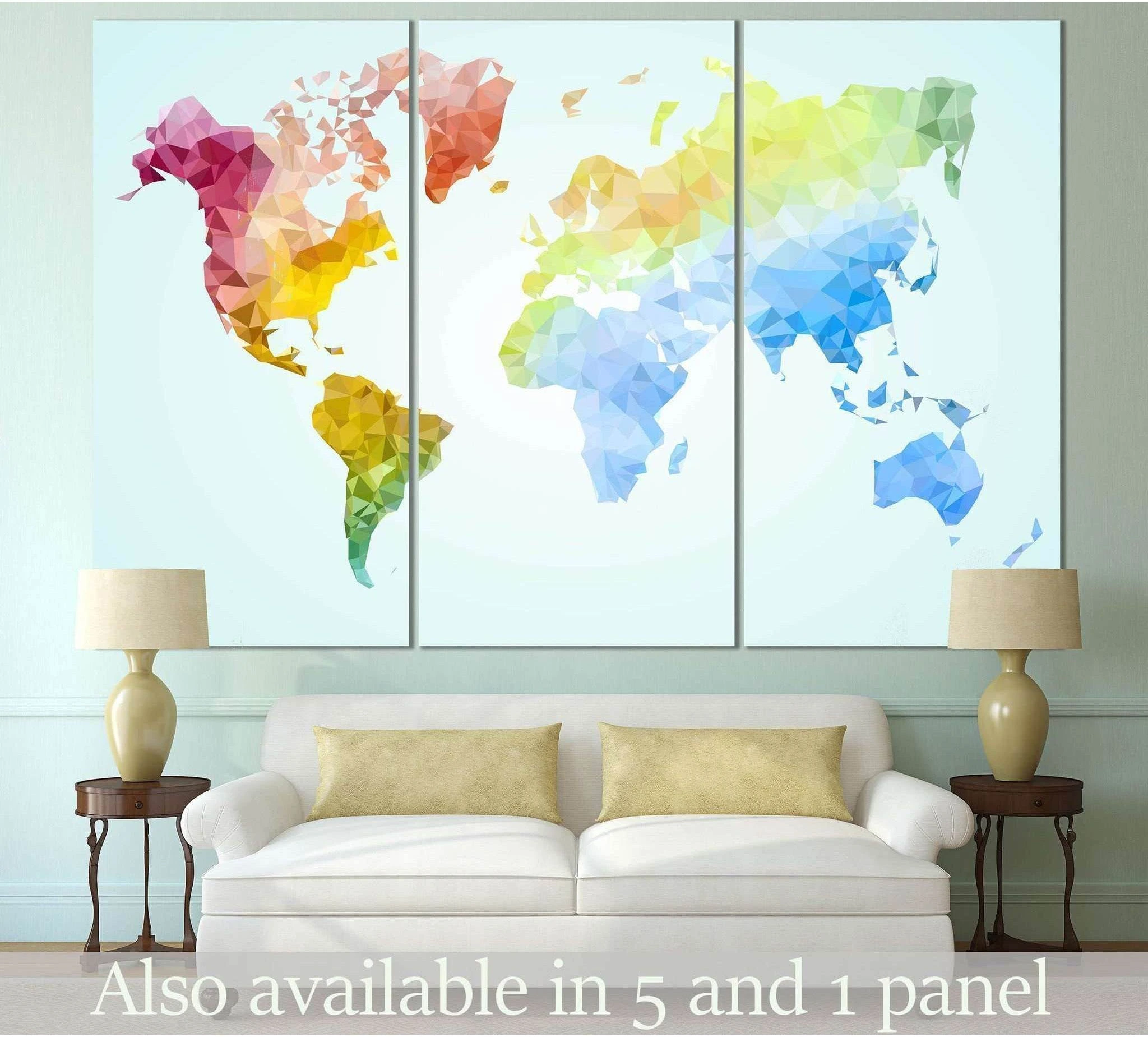 Low poly world map triptych canvas print in soft rainbow geometric tones above a sofa