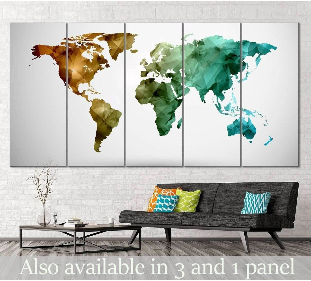 Low poly world map canvas print in teal and earth tones displayed above a sofa in a modern living room