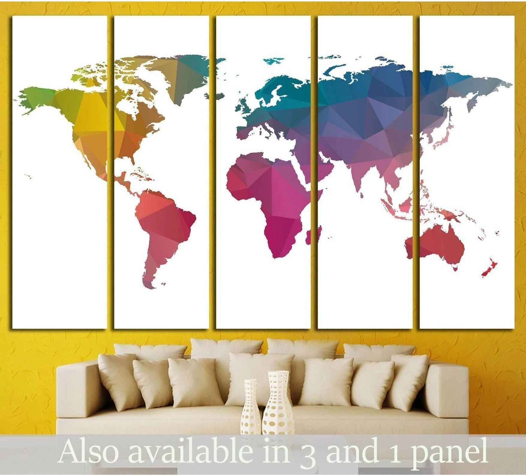 Low poly world map canvas print in rainbow geometric panels above sofa on yellow wall