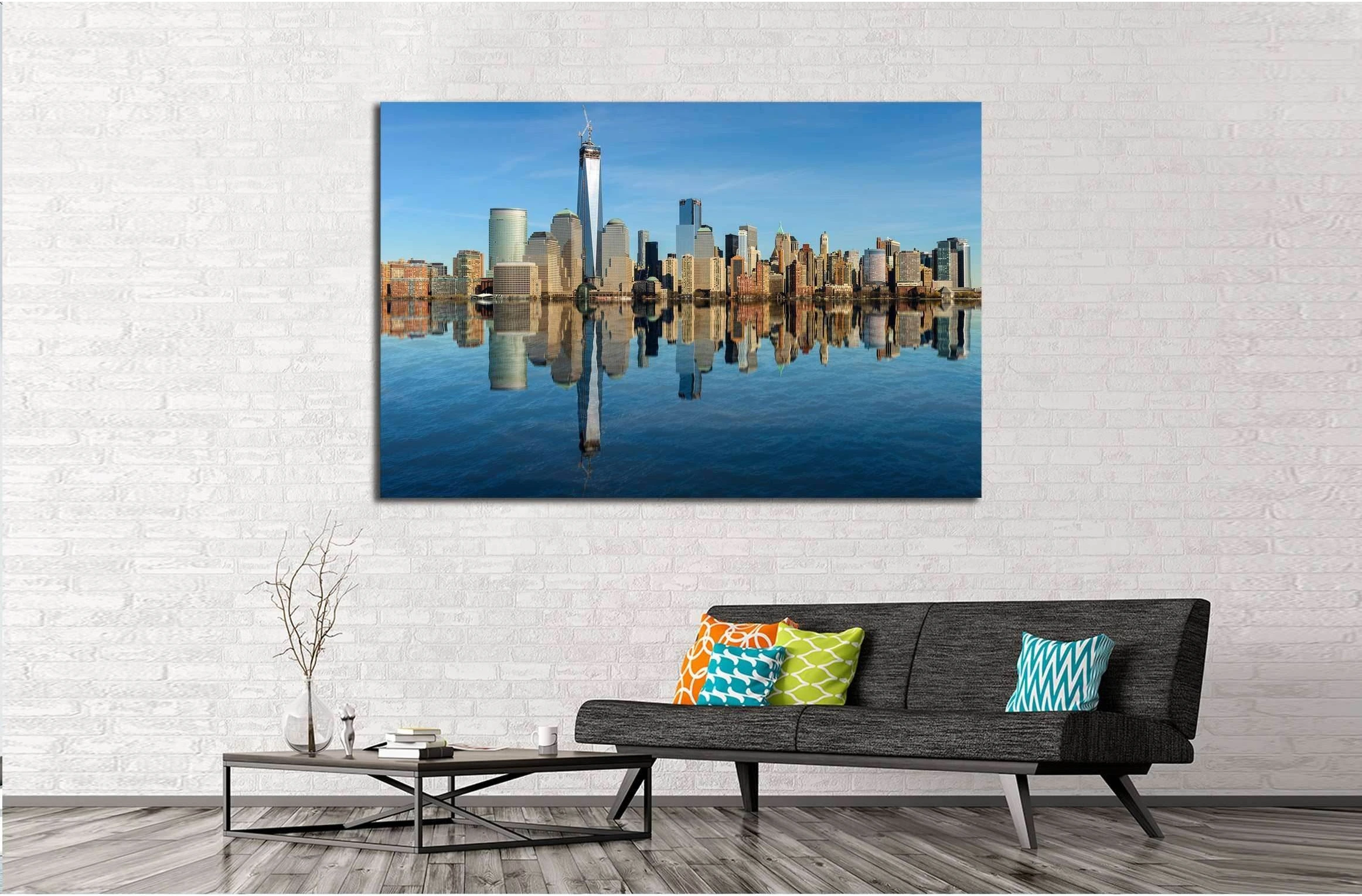 Lower Manhattan skyline panorama over East River with reflection and blue sky №2625 Ready to Hang Canvas Print - Zellart Canvas Prints 0_NY_ART, ALL_Products, s-2625