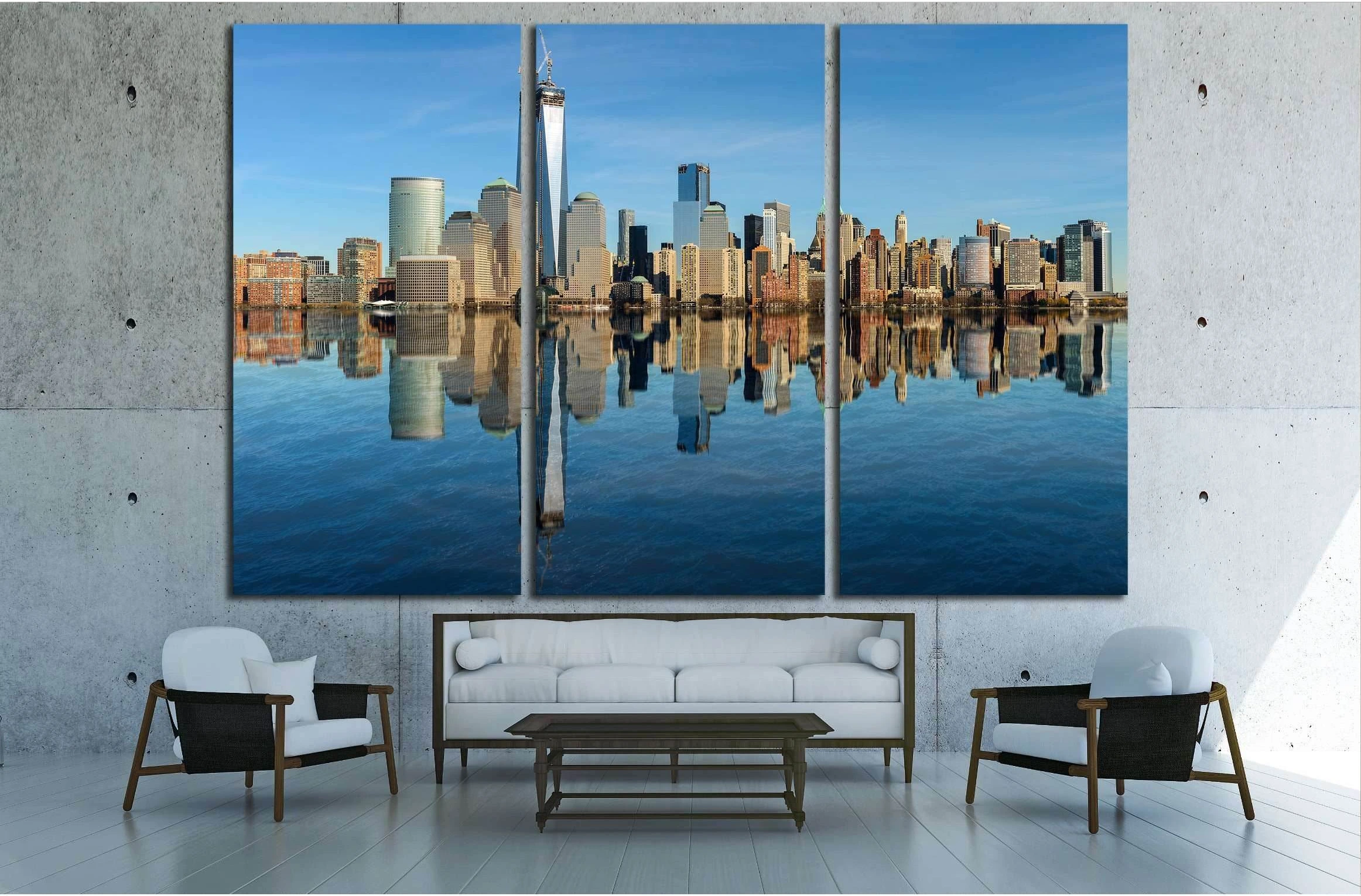 Lower Manhattan skyline panorama over East River with reflection and blue sky №2625 Ready to Hang Canvas Print - Zellart Canvas Prints 0_NY_ART, ALL_Products, s-2625