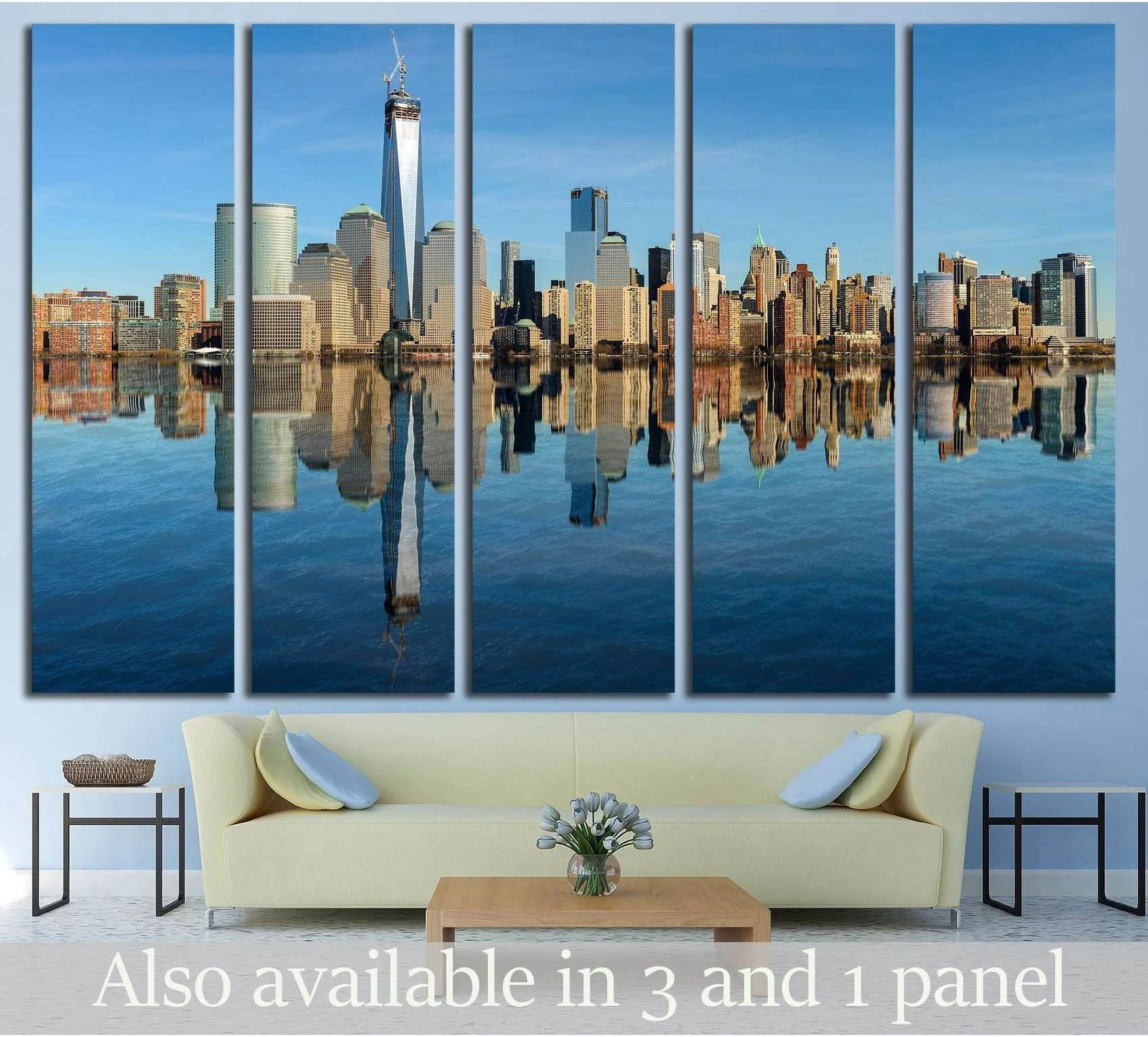 Lower Manhattan skyline canvas print with East River reflections above sofa in modern living room
