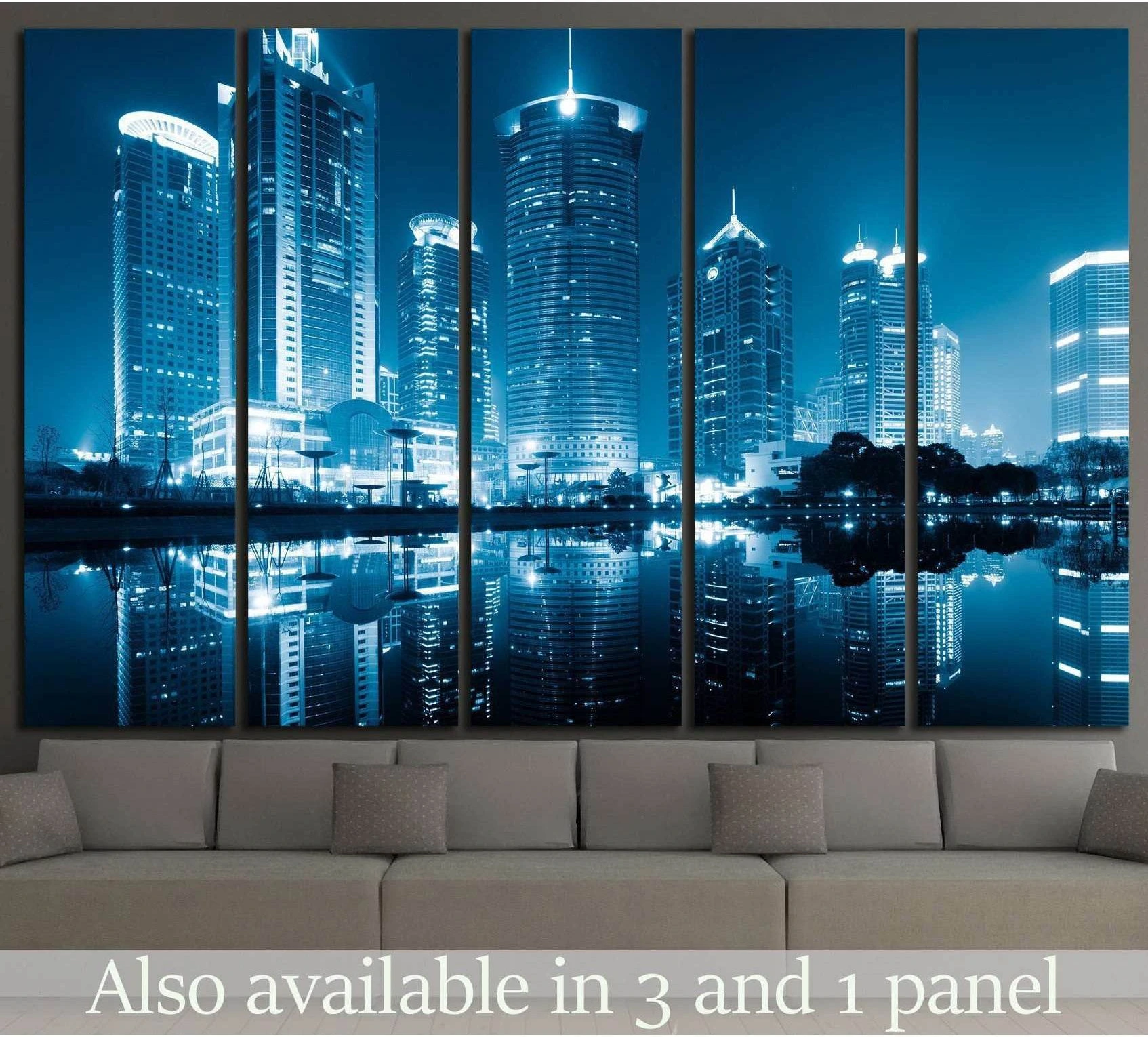 Blue Shanghai skyline canvas print with Lujiazui towers reflected in water above a sofa