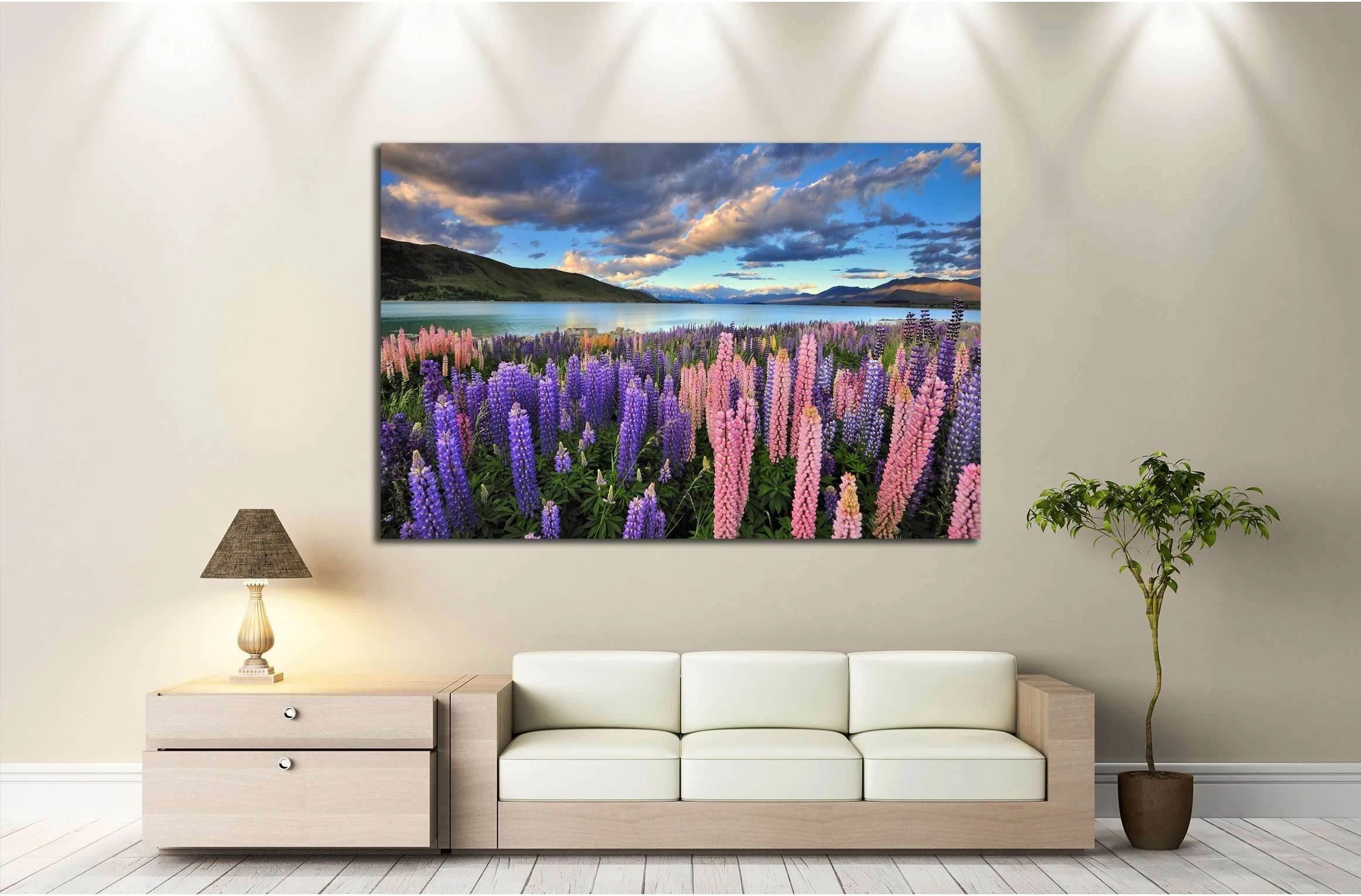 Lupins on the shore of Lake Tekapo, New Zealand №2510 Ready to Hang Canvas Print - Zellart Canvas Prints ALL_Products, s-2510