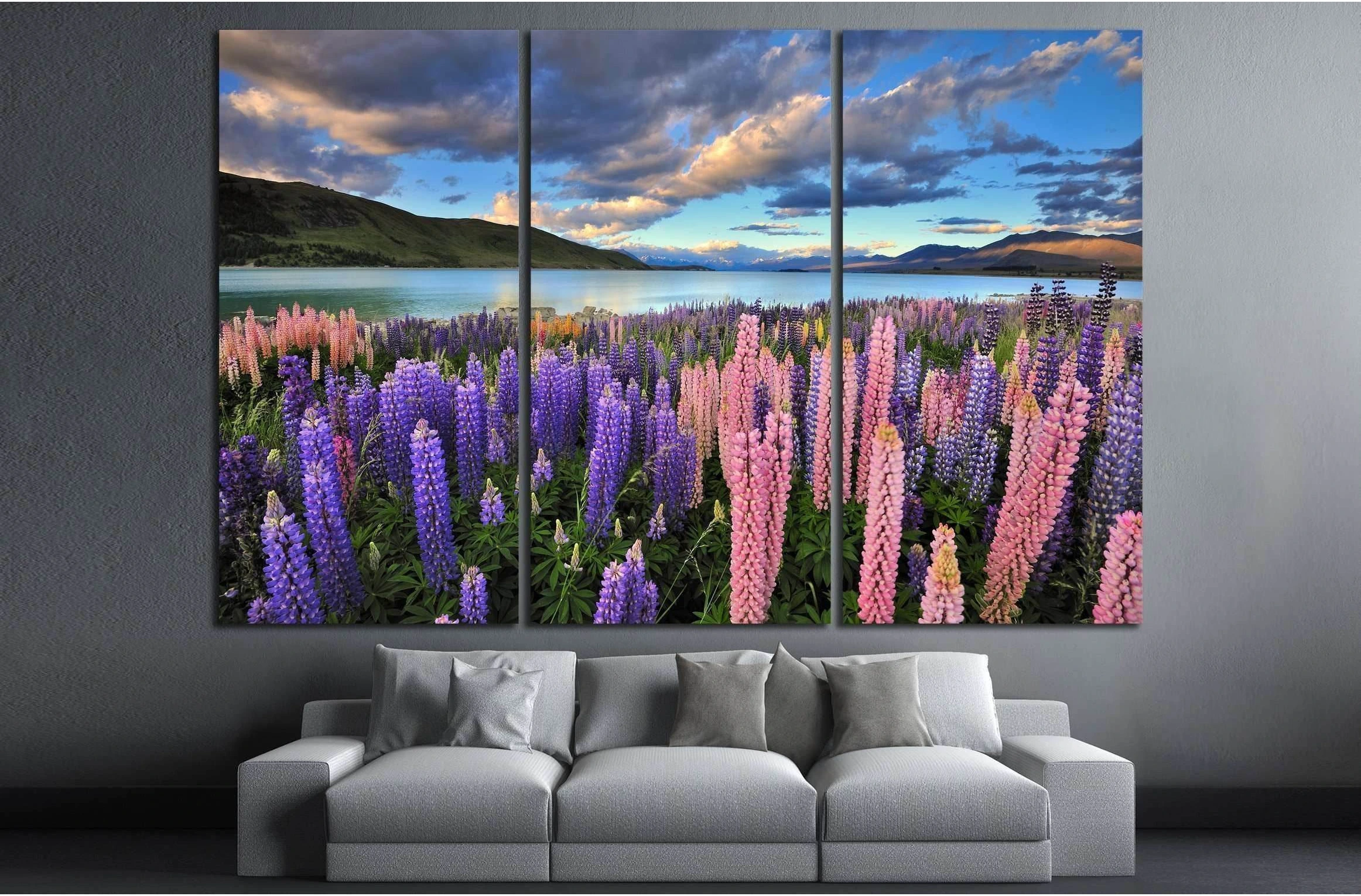 Lupins on the shore of Lake Tekapo, New Zealand №2510 Ready to Hang Canvas Print - Zellart Canvas Prints ALL_Products, s-2510