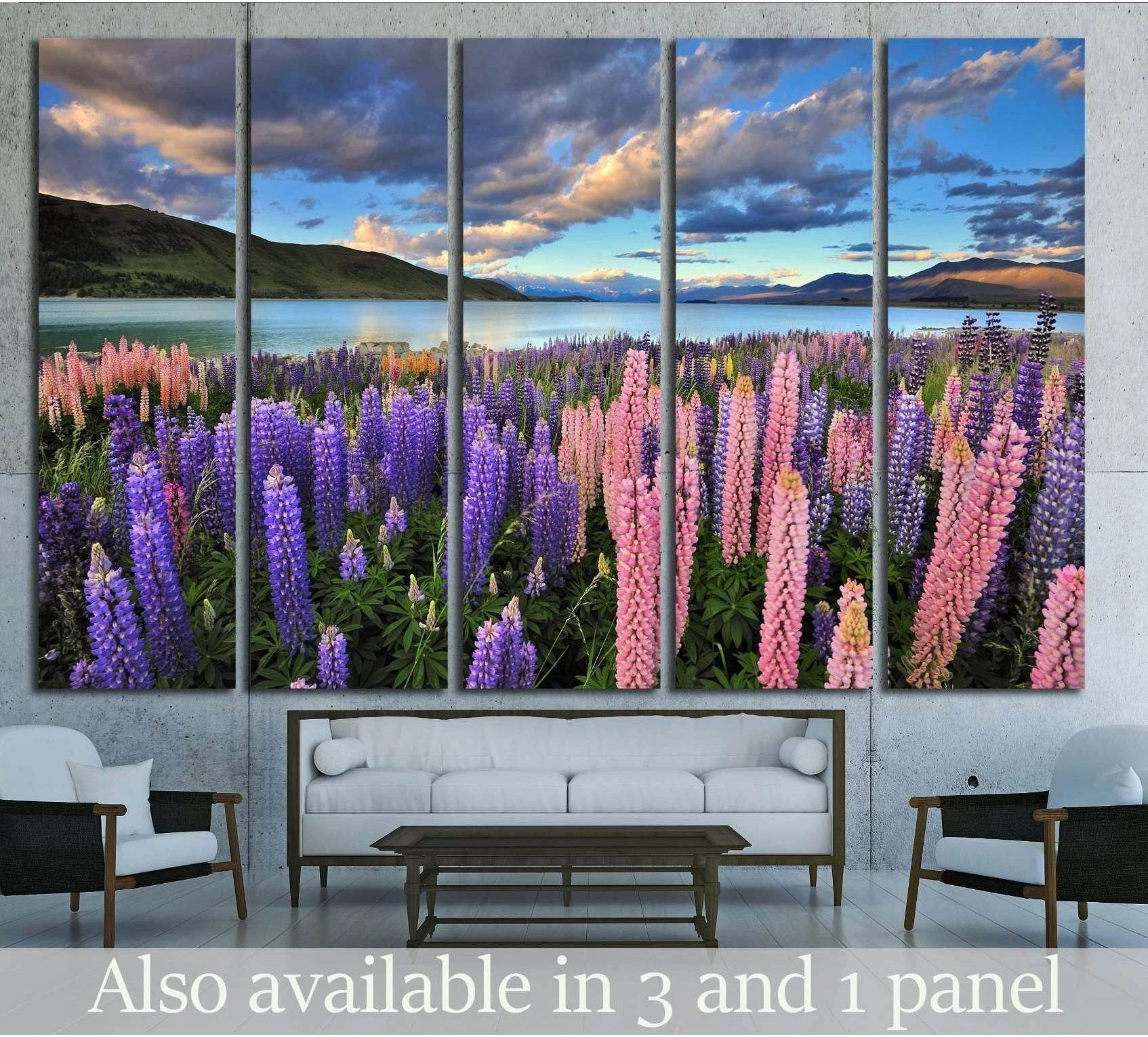 Pink and purple lupins by Lake Tekapo canvas print with mountains and blue evening sky