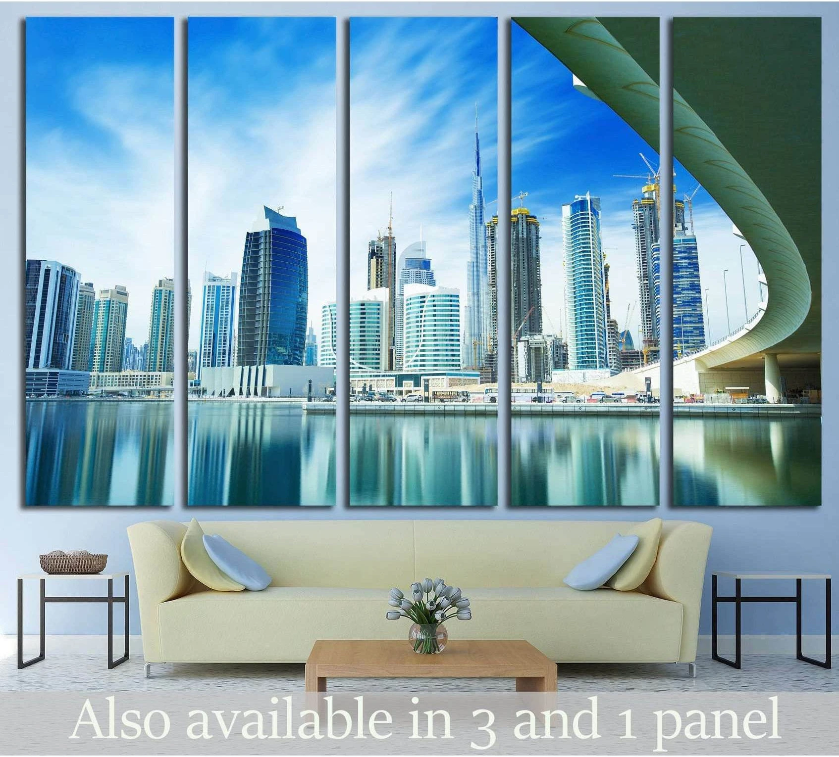 Dubai skyline canvas print with Burj Khalifa over a waterfront in a five-panel living room display