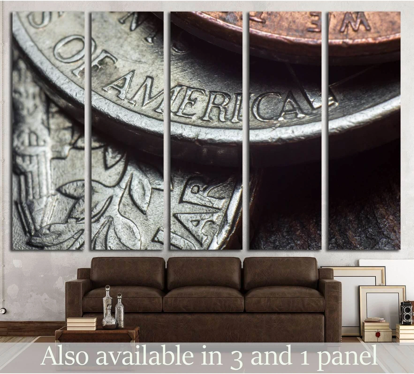 Macro American coins canvas print with 'Of America' detail, displayed above a sofa in office