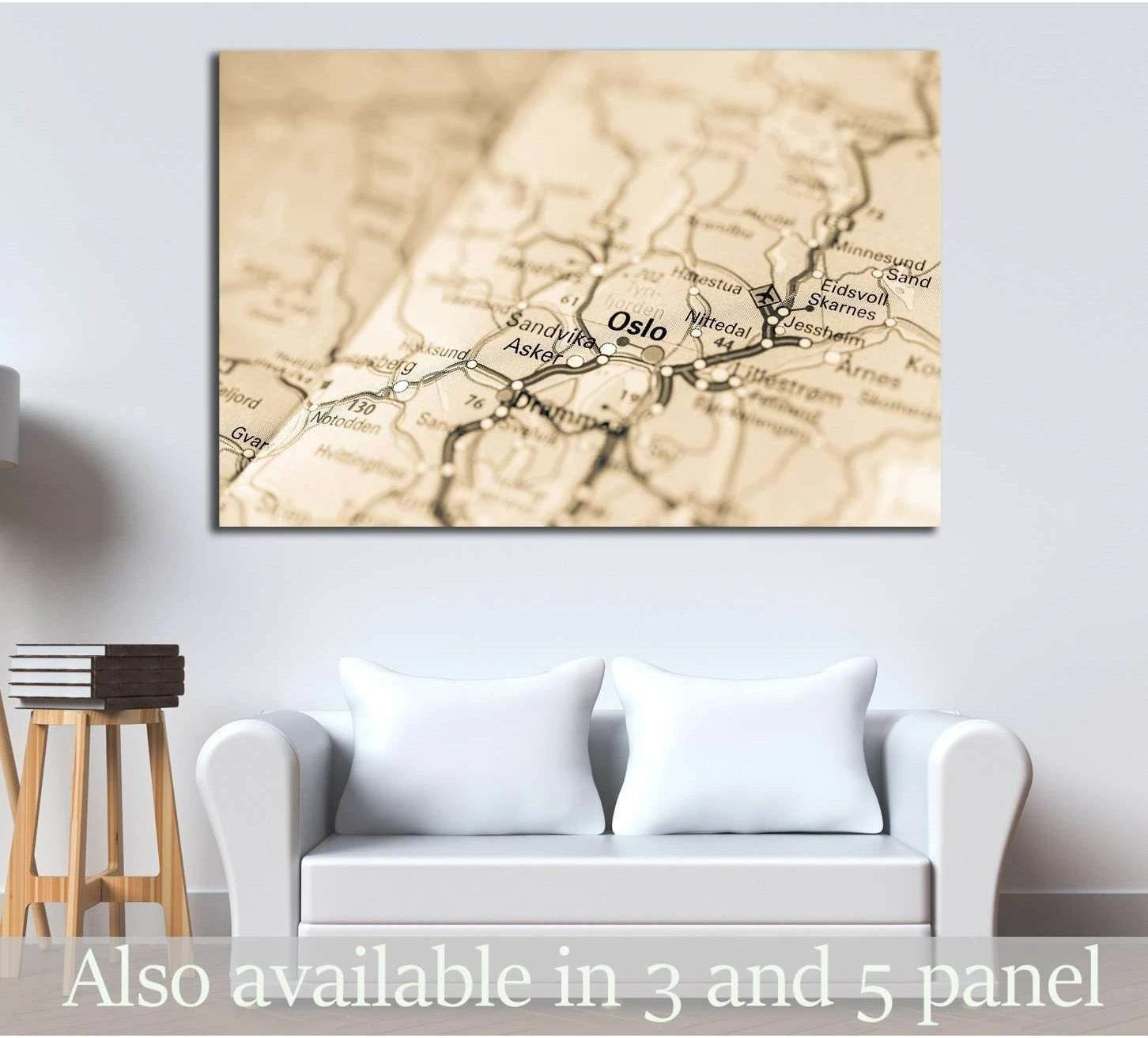 Oslo map canvas print in sepia tones displayed above a sofa in a minimalist living room
