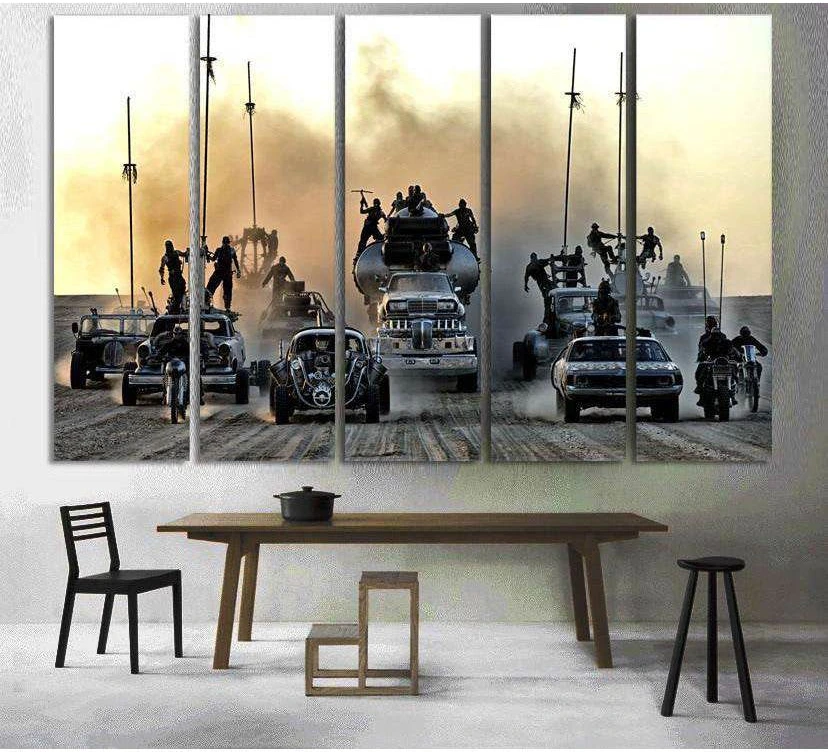 Post-apocalyptic vehicle convoy canvas print in desert dust, displayed as multi-panel wall art