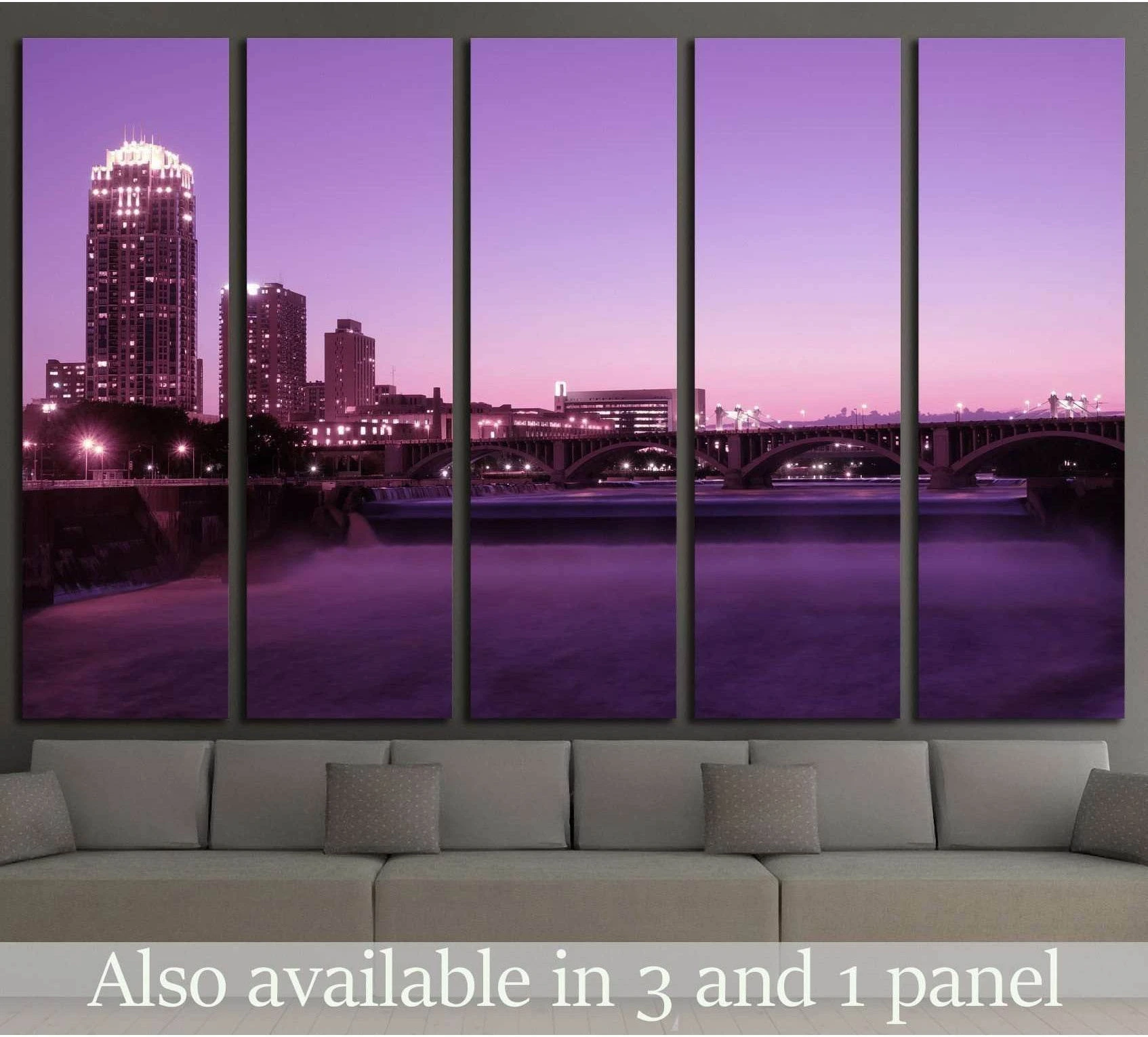 Five-panel Minneapolis skyline canvas print above sofa in purple sunset tones
