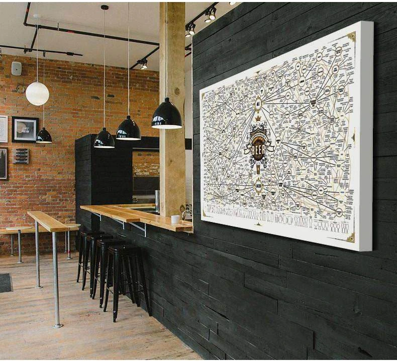 Beer styles infographic canvas print displayed on a black wall in an industrial home bar interior