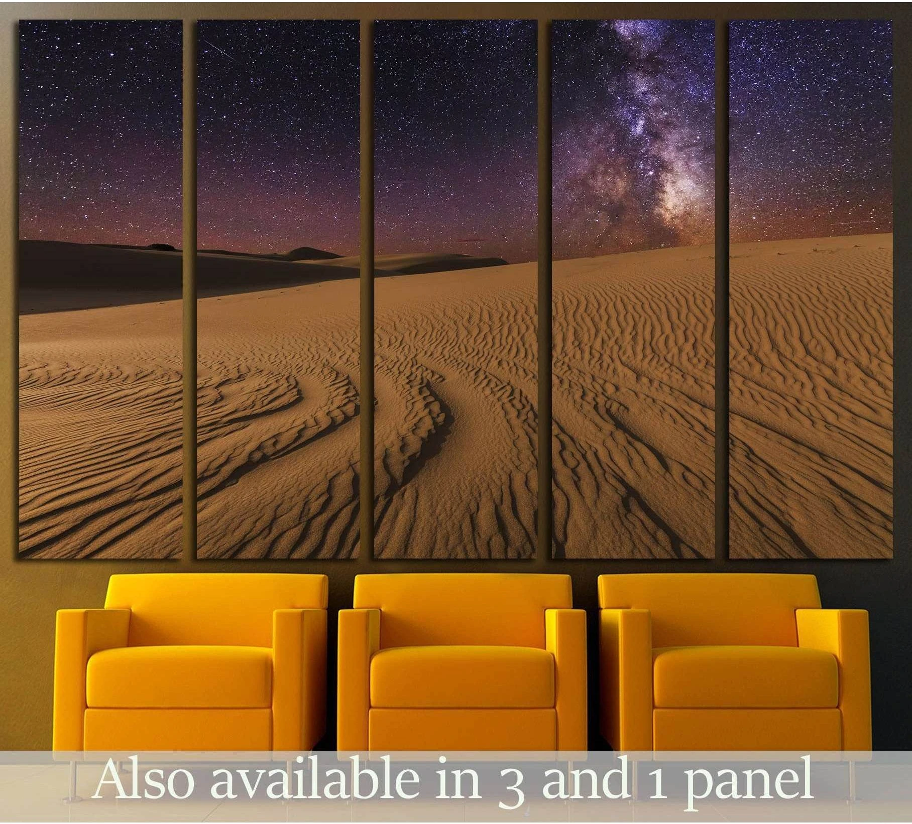 Milky Way desert canvas print above yellow chairs with rippled sand dunes under a starry night sky