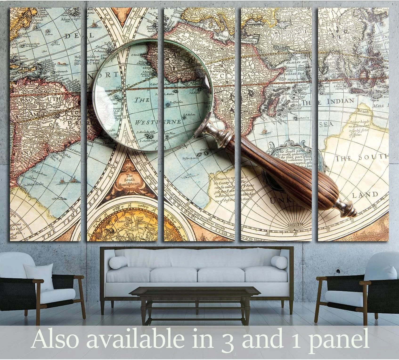 Vintage world map canvas print with magnifying glass, displayed as multi-panel wall art above a sofa