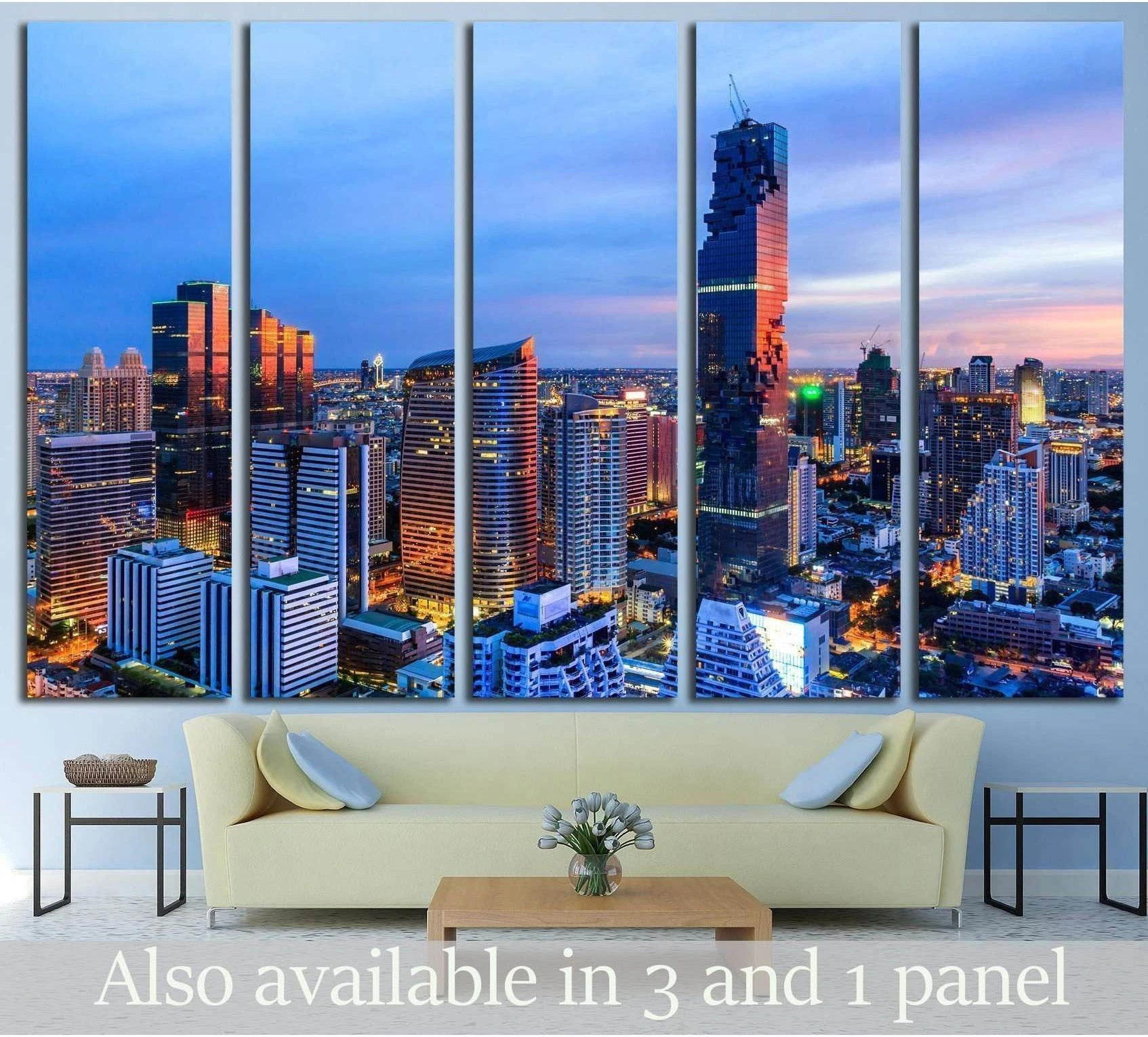 Bangkok skyline canvas print with Mahanakhon Tower at sunset above a modern living room sofa