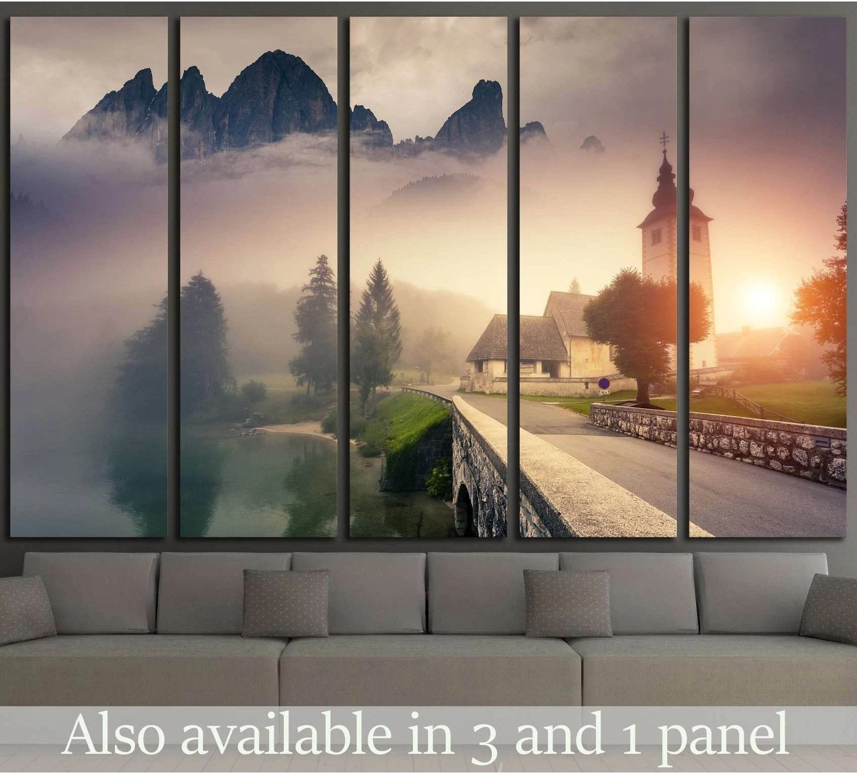 Foggy Triglav lake and church sunrise canvas print above sofa in modern living room