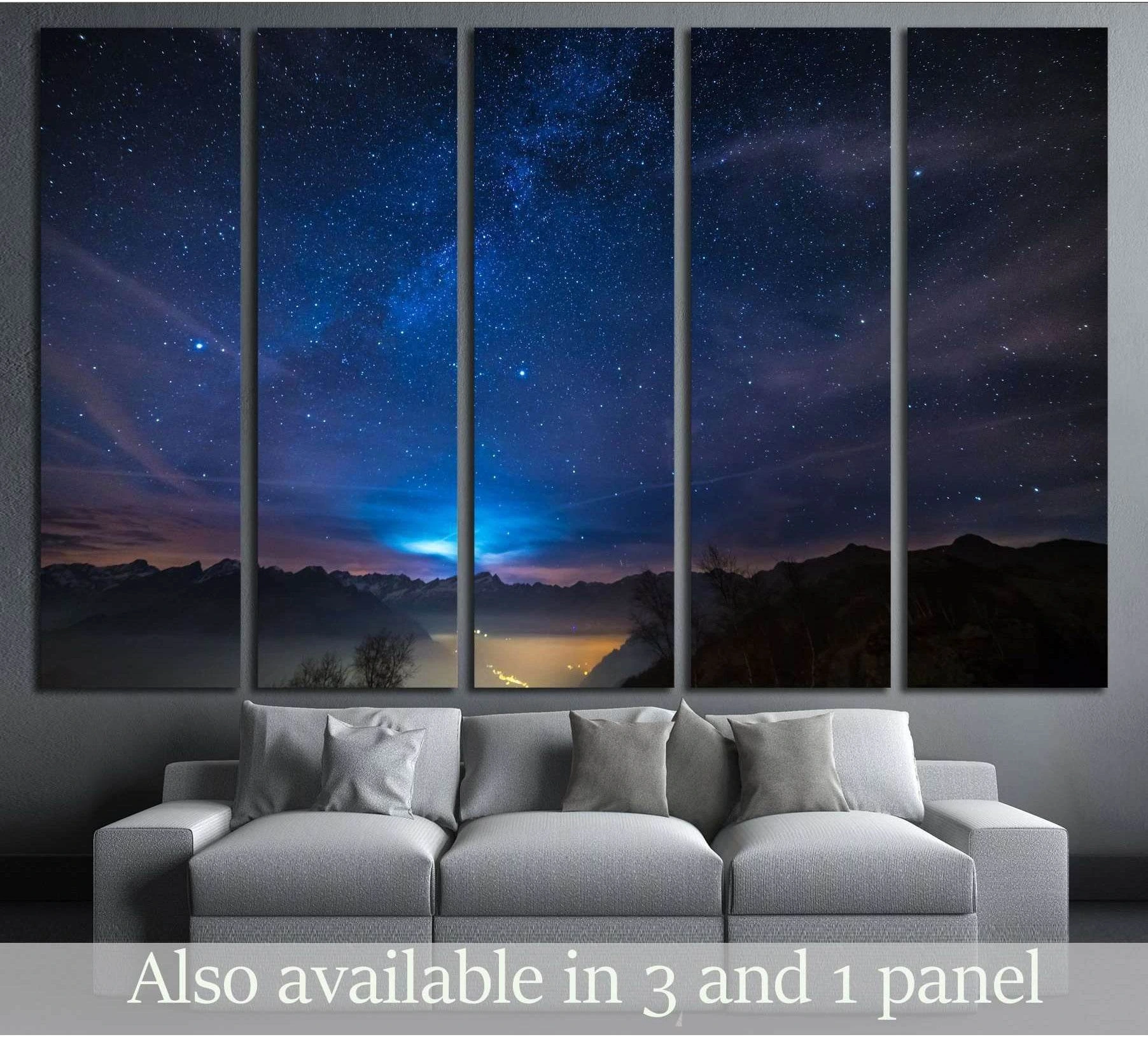 Milky Way Alps canvas print displayed above sofa in a modern living room