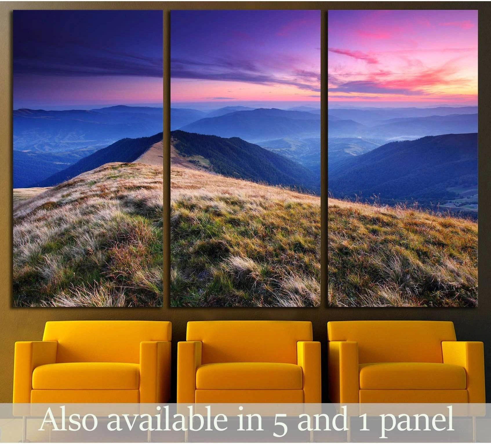 Triptych mountain sunset canvas print with grassy ridge, layered blue peaks, and pink purple sky above yellow chairs