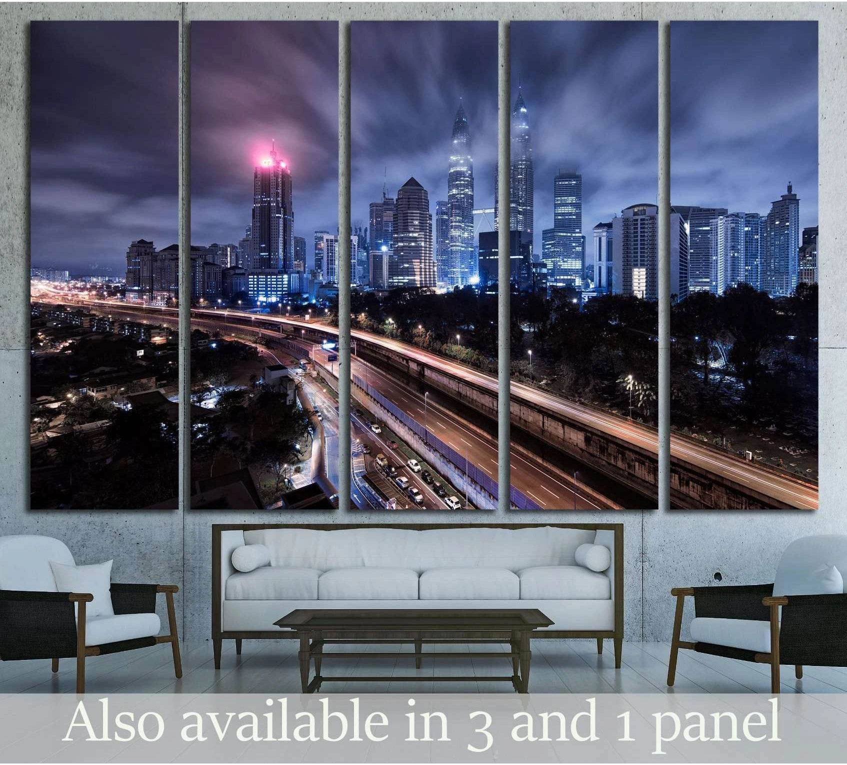 Kuala Lumpur night skyline canvas print with blue city lights and highway trails in modern living room
