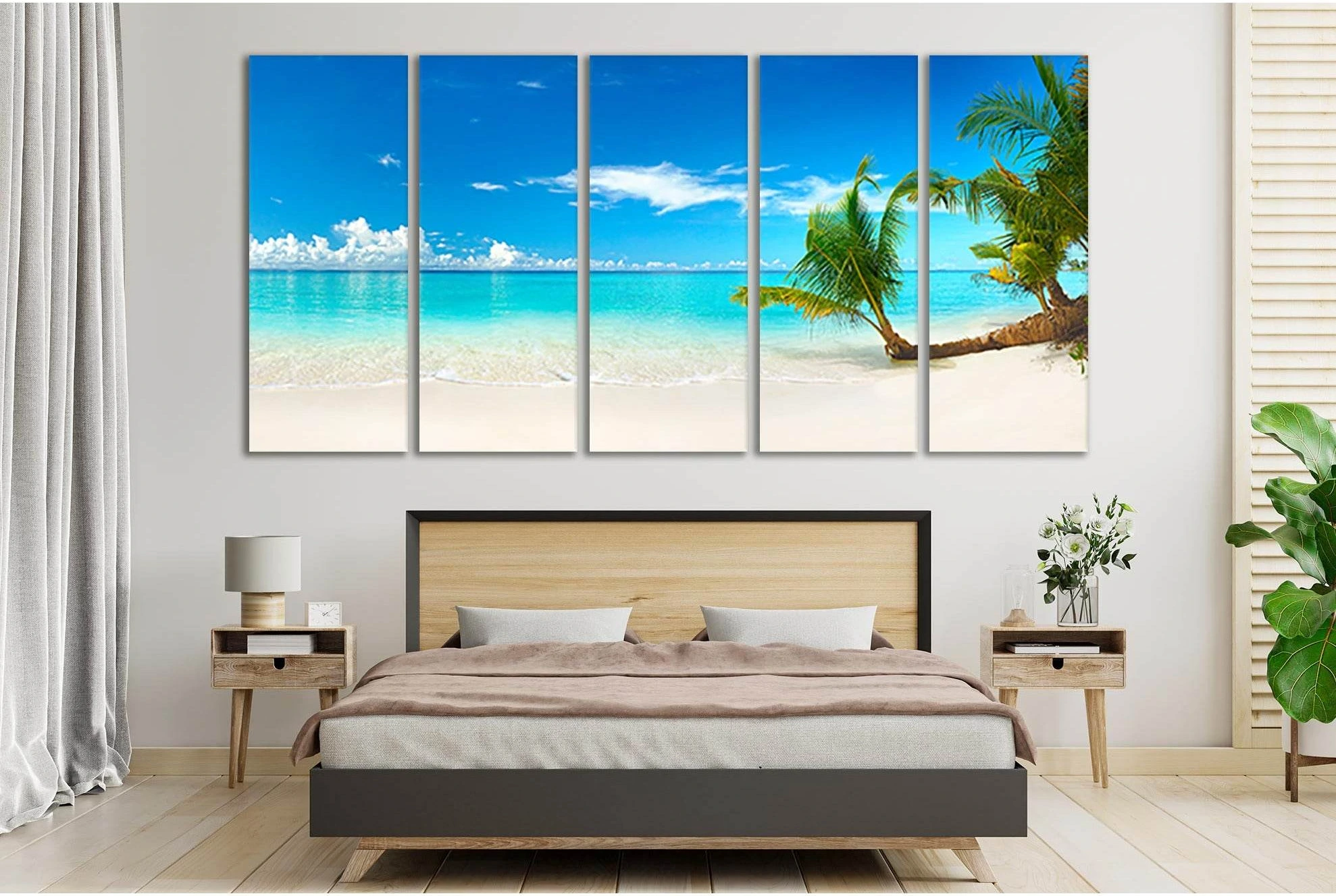 Tropical Beach Palm Canvas Print with Blue Sky & Turquoise Water showing sea water, shoreline and horizon depth.