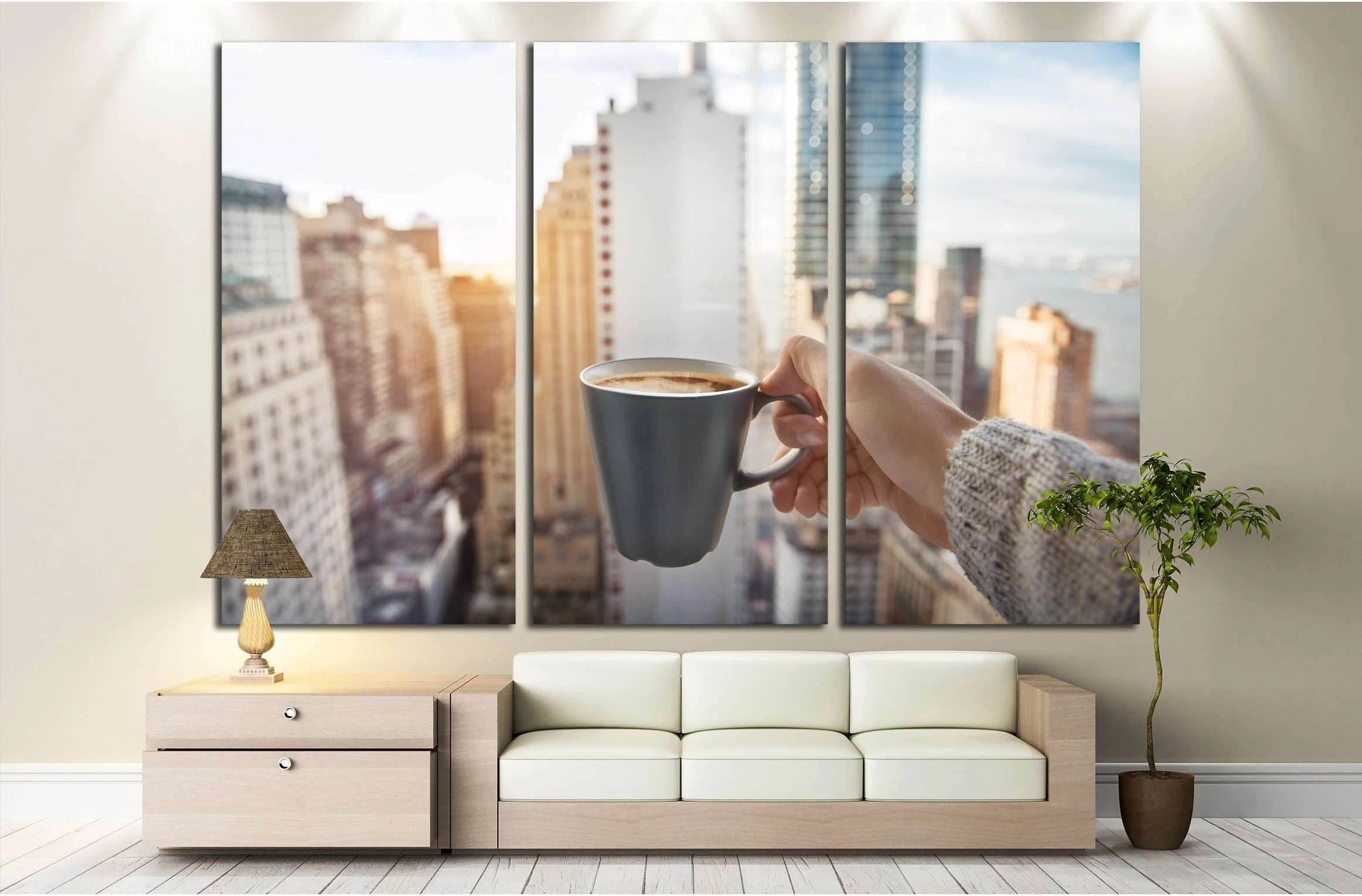 Man holding coffee cup in luxury penthouse apartments with view to New York City Manhattan №2996 Ready to Hang Canvas Print - Zellart Canvas Prints 0_NY_ART, ALL_Products, s-2996