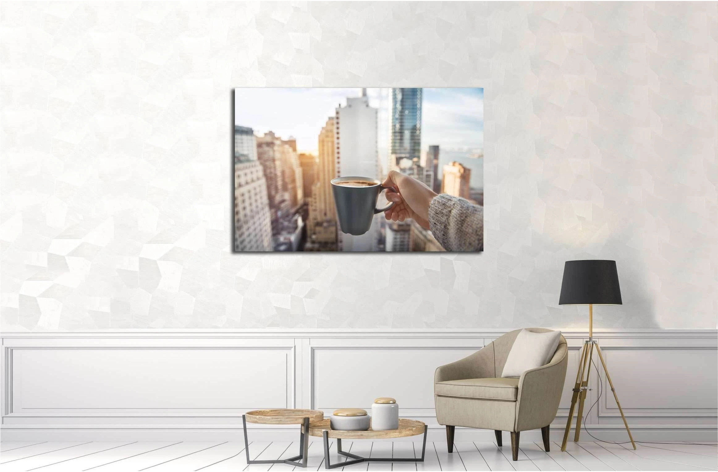 Man holding coffee cup in luxury penthouse apartments with view to New York City Manhattan №2996 Ready to Hang Canvas Print - Zellart Canvas Prints 0_NY_ART, ALL_Products, s-2996