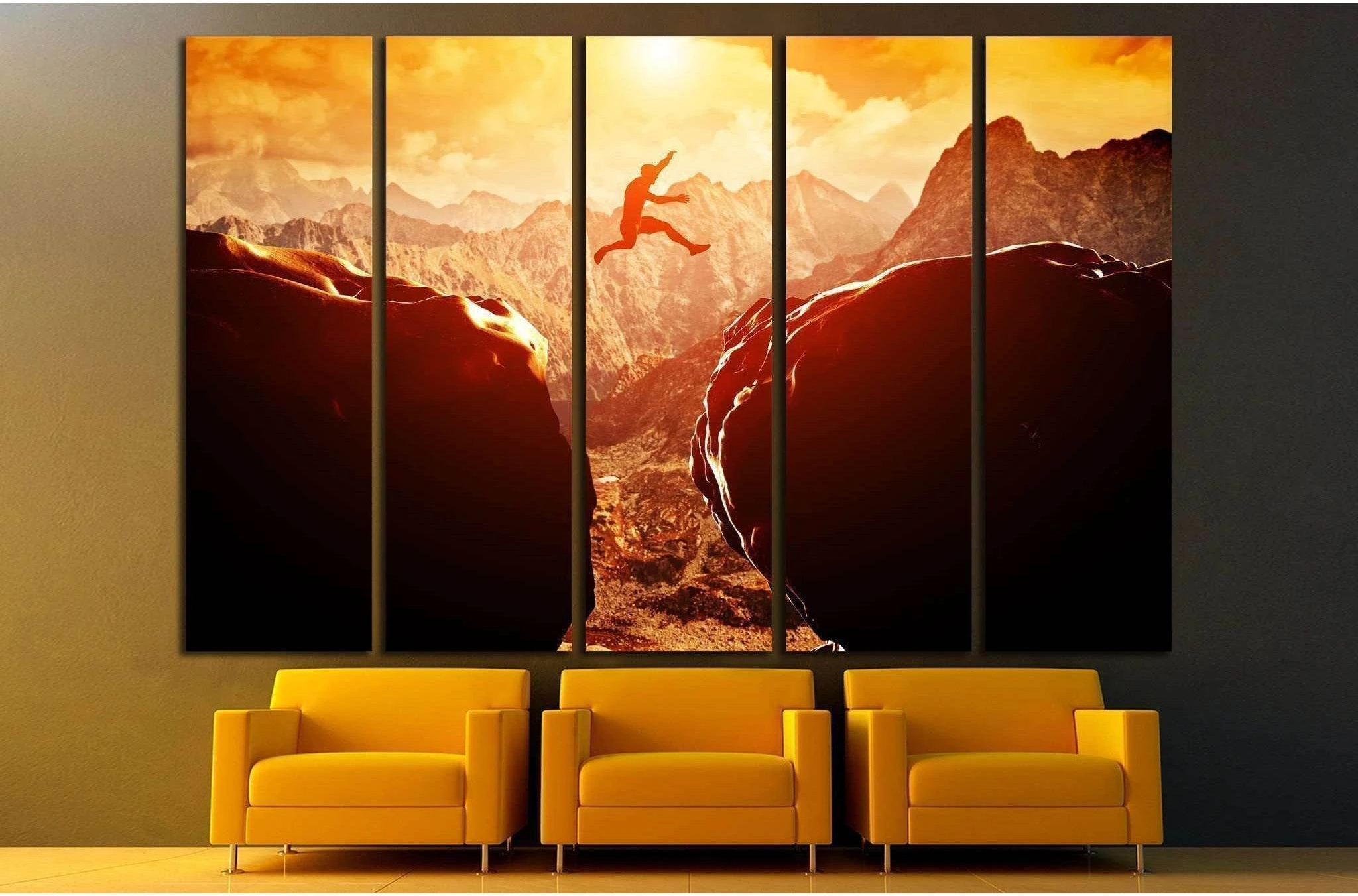 Man jumping over precipice between two rocky mountains №1373 Ready to Hang Canvas Print - Zellart Canvas Prints ALL_Products, s-1373