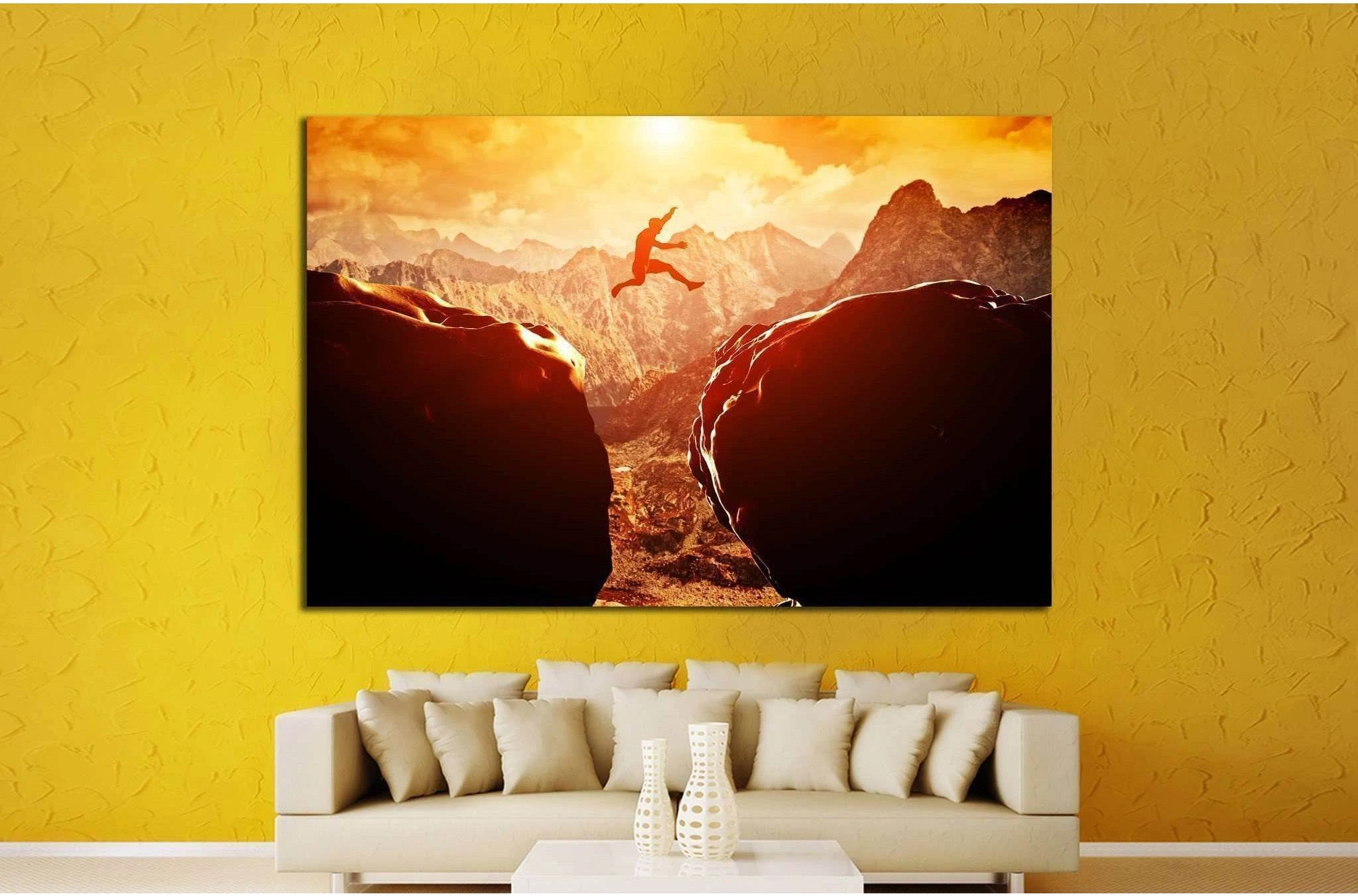 Man jumping over precipice between two rocky mountains №1373 Ready to Hang Canvas Print - Zellart Canvas Prints ALL_Products, s-1373