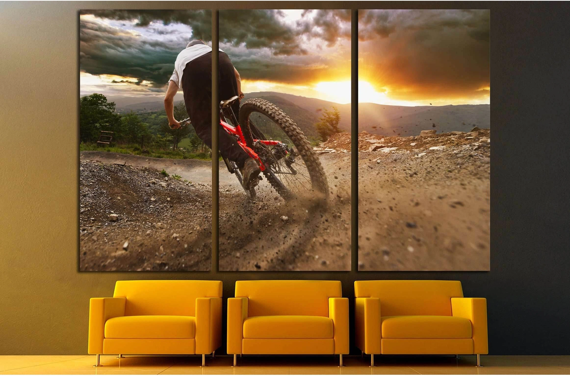 Man on mountain bike rides on the trail on a stormy sunset №3252 Ready to Hang Canvas Print - Zellart Canvas Prints ALL_Products, s-3252