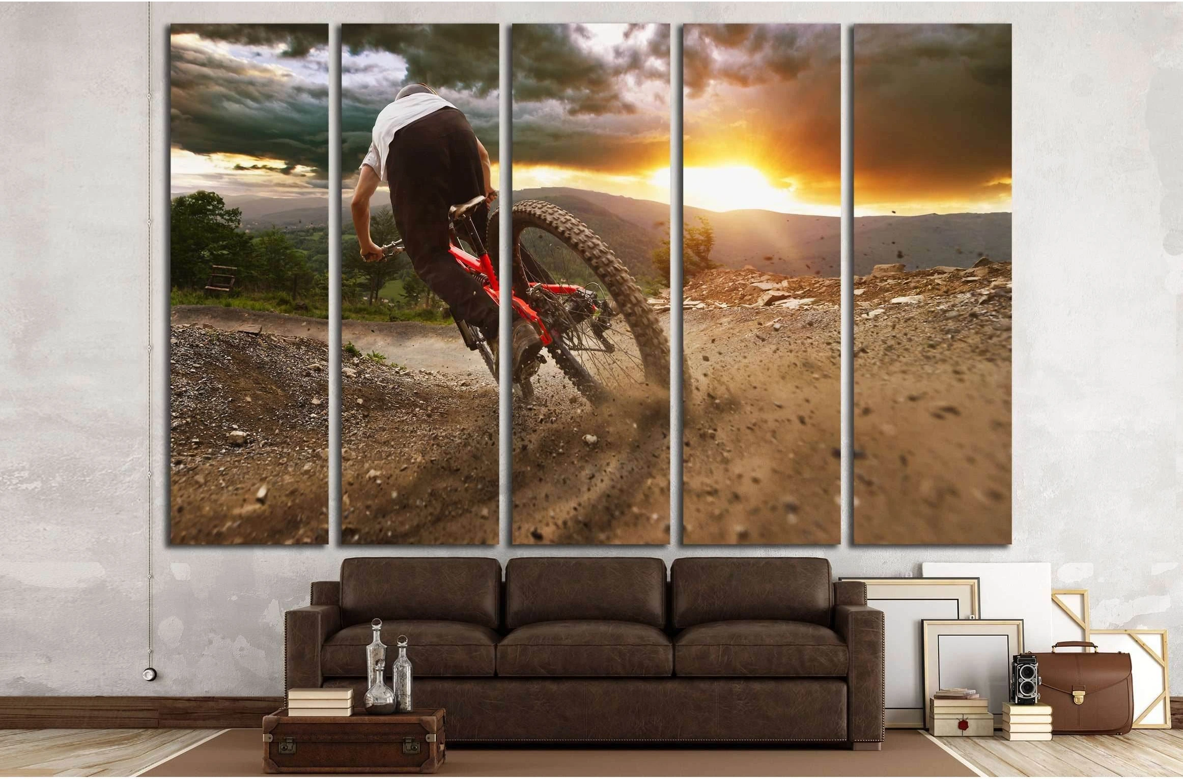 Man on mountain bike rides on the trail on a stormy sunset №3252 Ready to Hang Canvas Print - Zellart Canvas Prints ALL_Products, s-3252