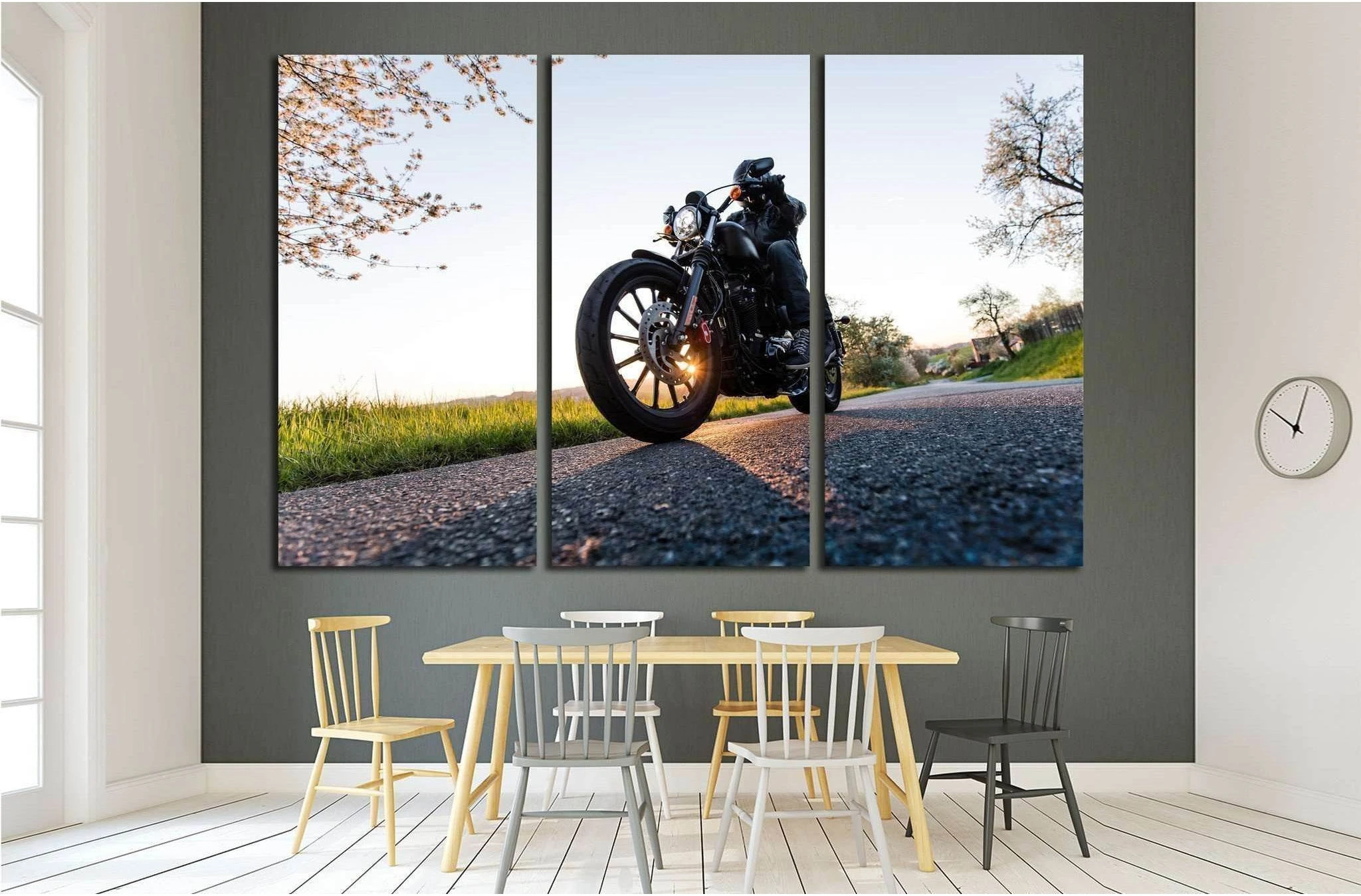 Man sat on motorcycle on the road during sunrise №1874 Ready to Hang Canvas Print - Zellart Canvas Prints ALL_Products, s-1874