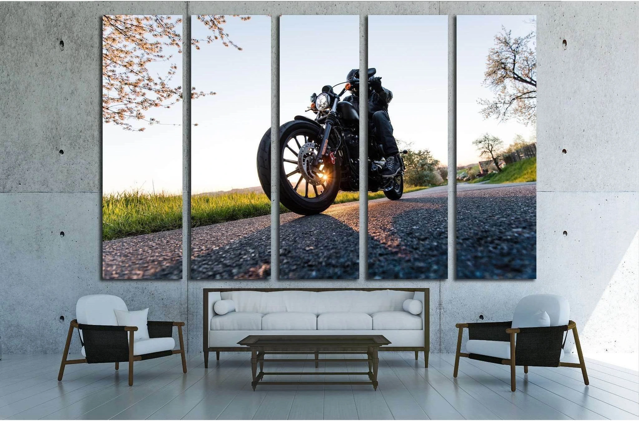 Man sat on motorcycle on the road during sunrise №1874 Ready to Hang Canvas Print - Zellart Canvas Prints ALL_Products, s-1874
