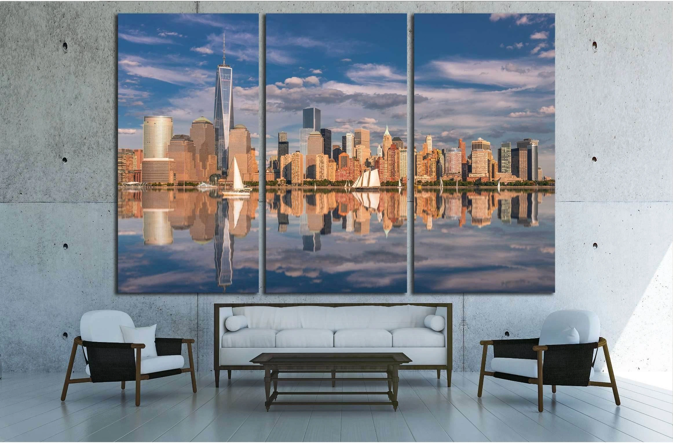 Manhattan at sunset reflected in the hudson river №2657 Ready to Hang Canvas Print - Zellart Canvas Prints 0_NY_ART, ALL_Products, s-2657