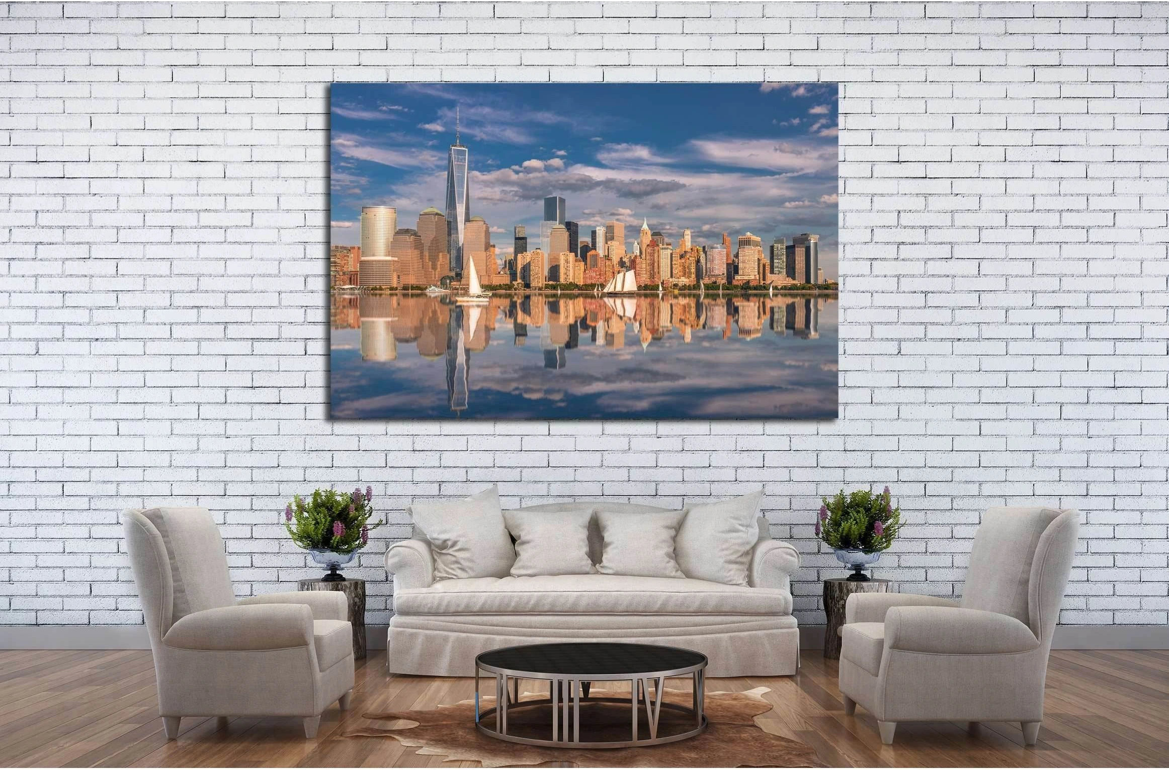 Manhattan at sunset reflected in the hudson river №2657 Ready to Hang Canvas Print - Zellart Canvas Prints 0_NY_ART, ALL_Products, s-2657