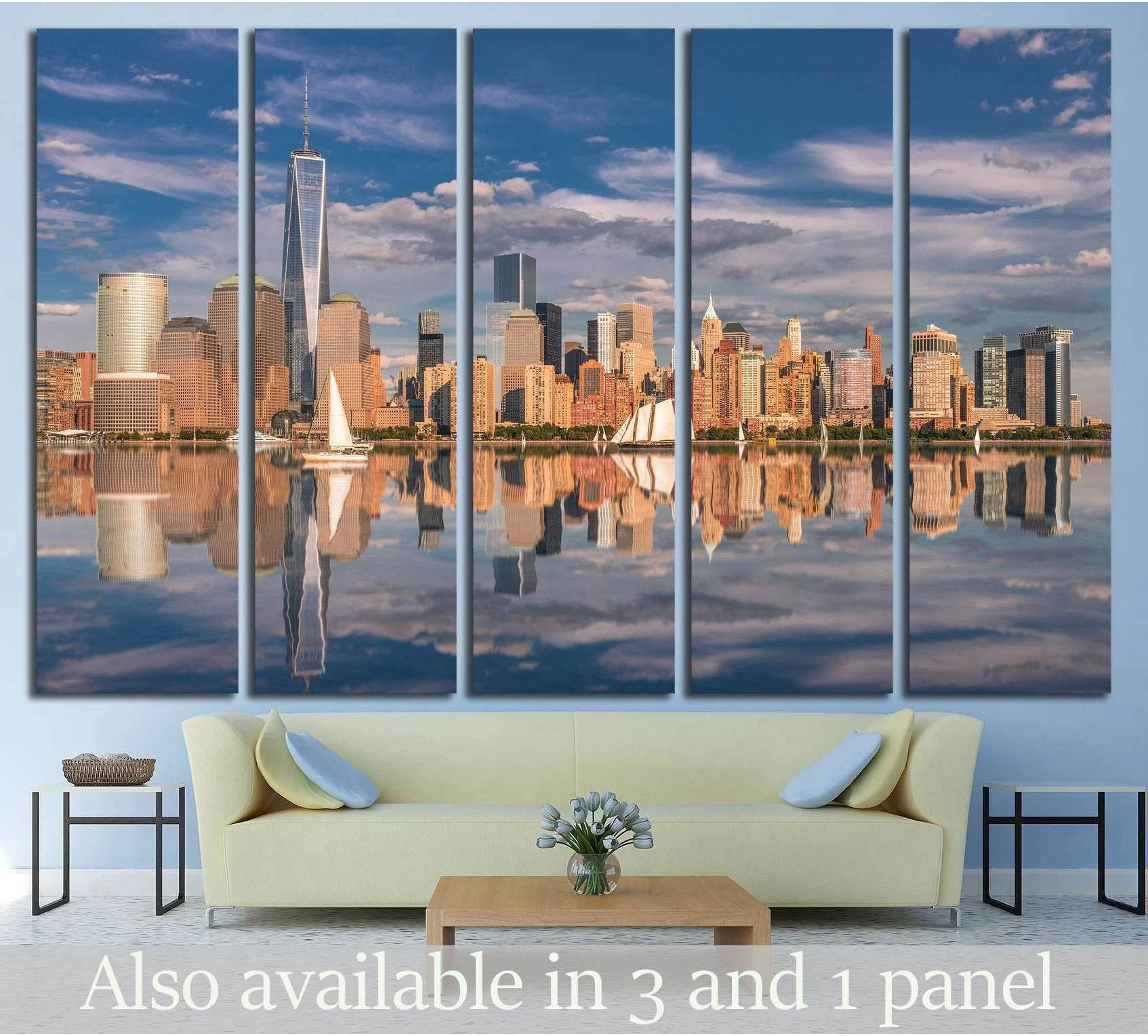 Panoramic Manhattan skyline canvas print with sunset reflection on the Hudson River above a sofa